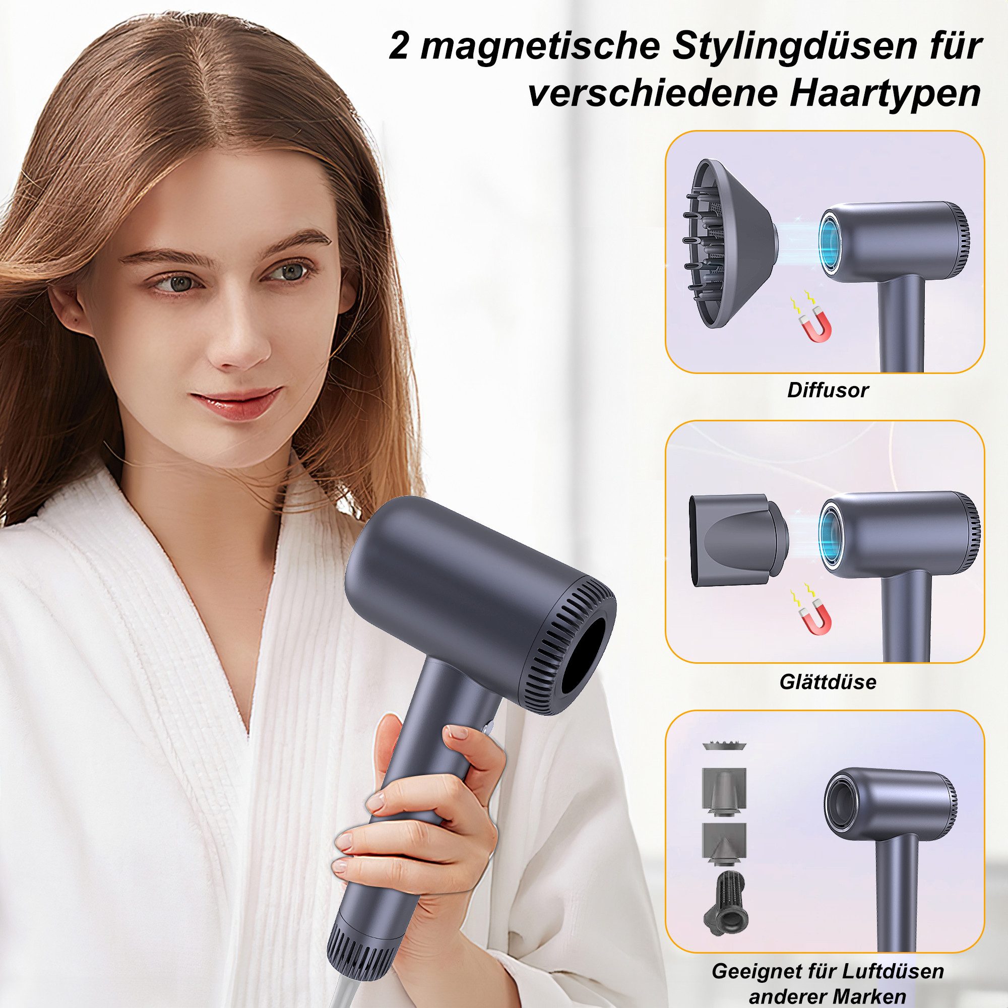 Forrlite Haartrockner Hochgeschwindigkeits-Haartrockner,Föhn mit Diffusor, Stylingdüse mit, 1600 W, Halterung, 4 Temperaturstufen, 3 Gebläsestufen, 180.000 U/mi – Bild 4 von 5