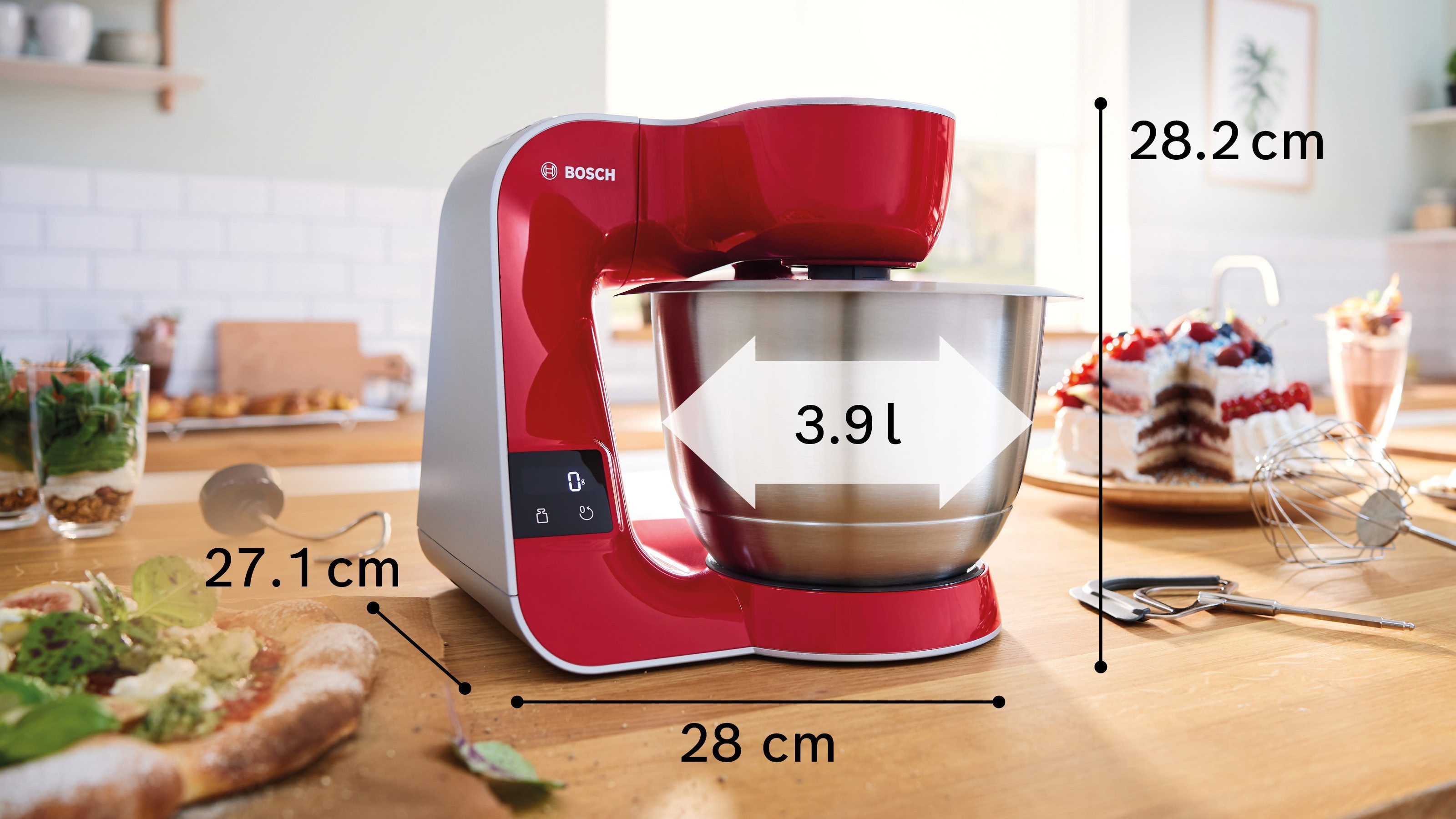 BOSCH Küchenmaschine Serie 4 MUM5X734, integr. Waage, Durchlaufschnitzler, Mixer, rot, 1000 W, 9,4 l Schüssel, 2 Schüsseln, 3 Scheiben, Knethaken/Rühr-/Schlagbesen, spülmasch.fest