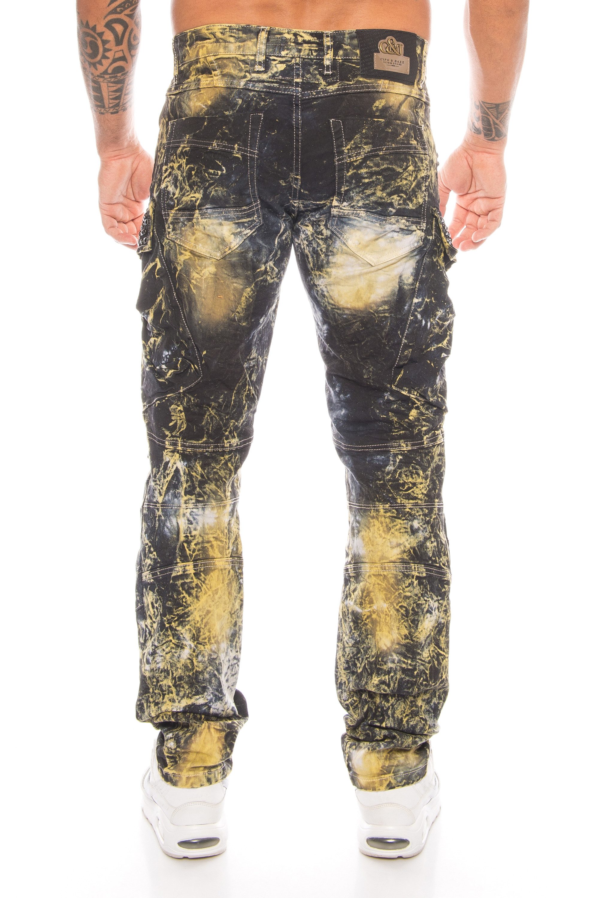 Cipo & Baxx Slim-fit-Jeans Herren Cargo Jeans Hose mit Strasssteinen Jeanshose mit Zierreißverschlüssen und stylischer Batik Waschung