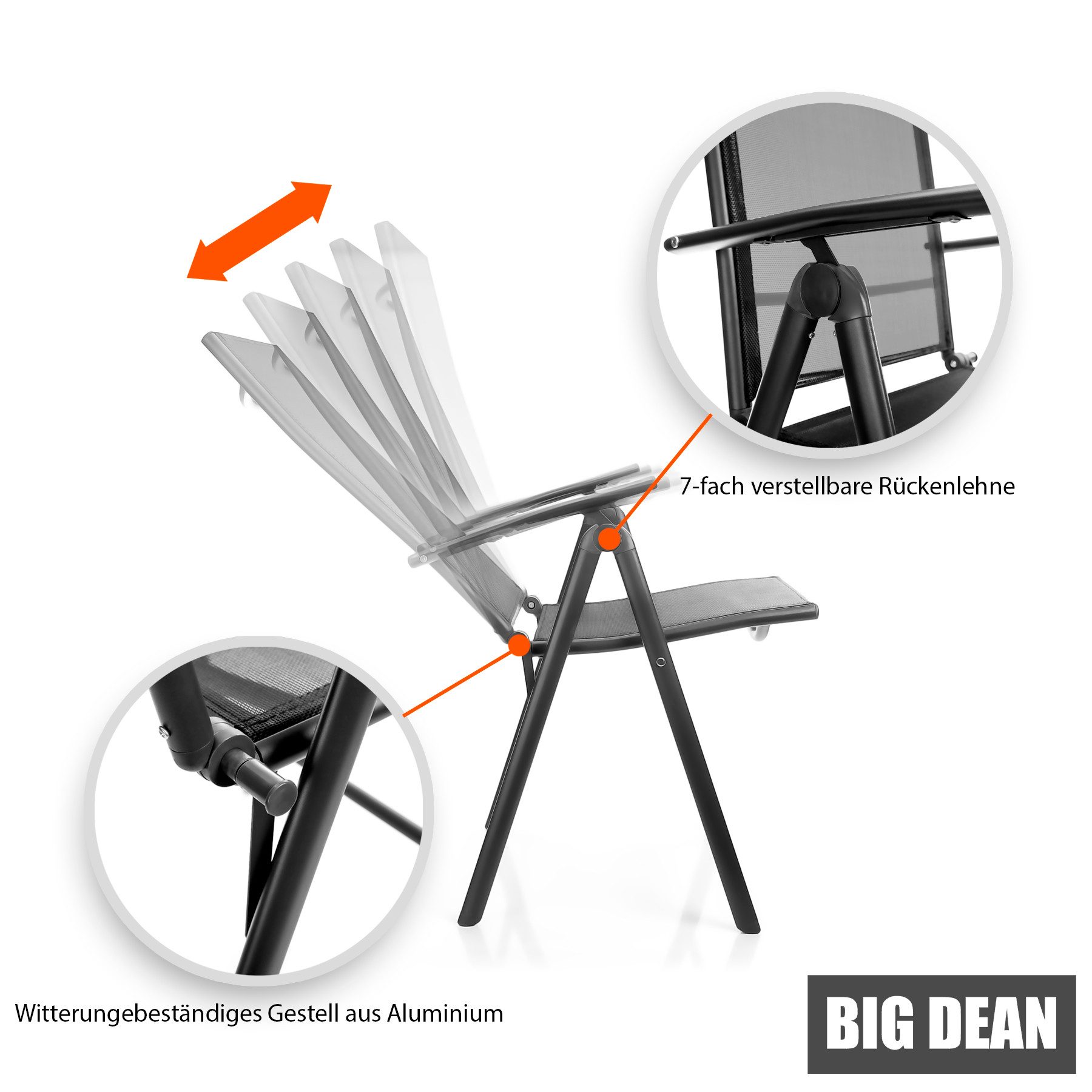 BigDean Gartenstuhl 2 Stück Balkonstühle dunkelgrau 120 kg belastbar 7-fach Verstellbar (Set, 2 St), Ergonomisches Design, Robustes Material, Atmungsaktives Gew – Bild 4 von 5