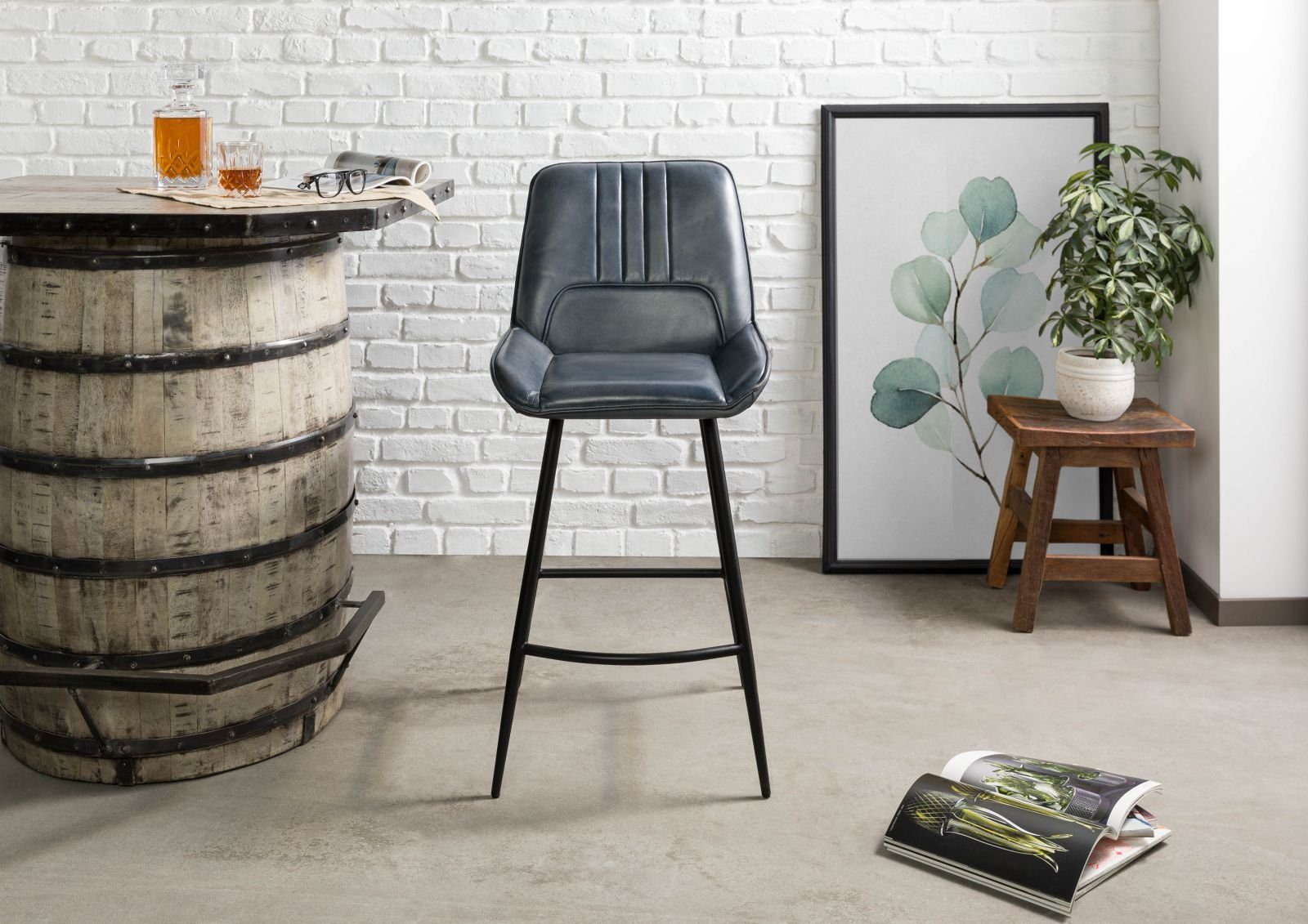 Massivmoebel24 Bistrostuhl IRON LABEL (blau Echtleder Eisen), 52 x 108 x 57 cm IRON LABEL #516