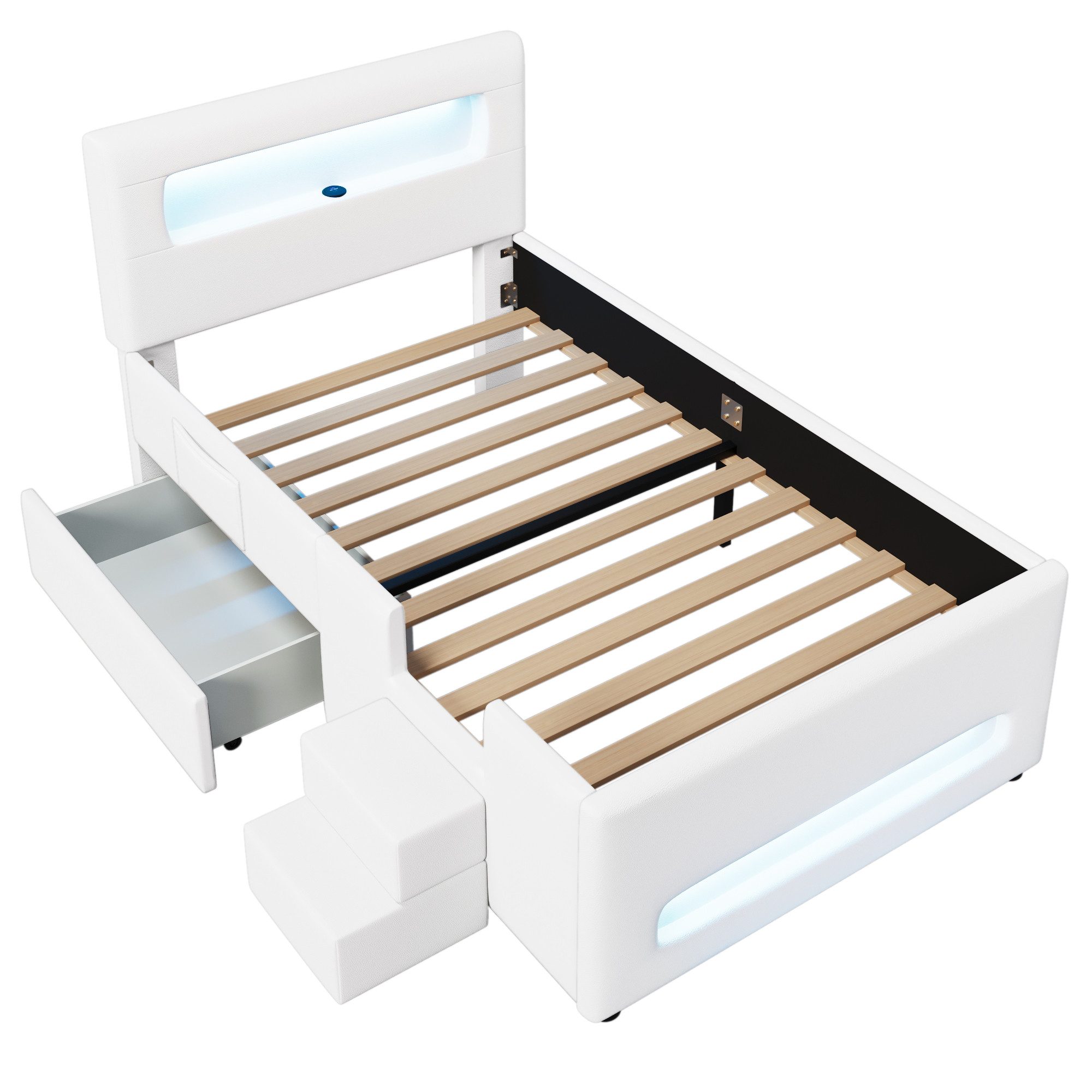 MODFU Kinderbett Modernes Komfortbett (mit LED-Leisten & Schublade,Kunstleder, 1-tlg., 218 x 97 x 95), mit Treppe