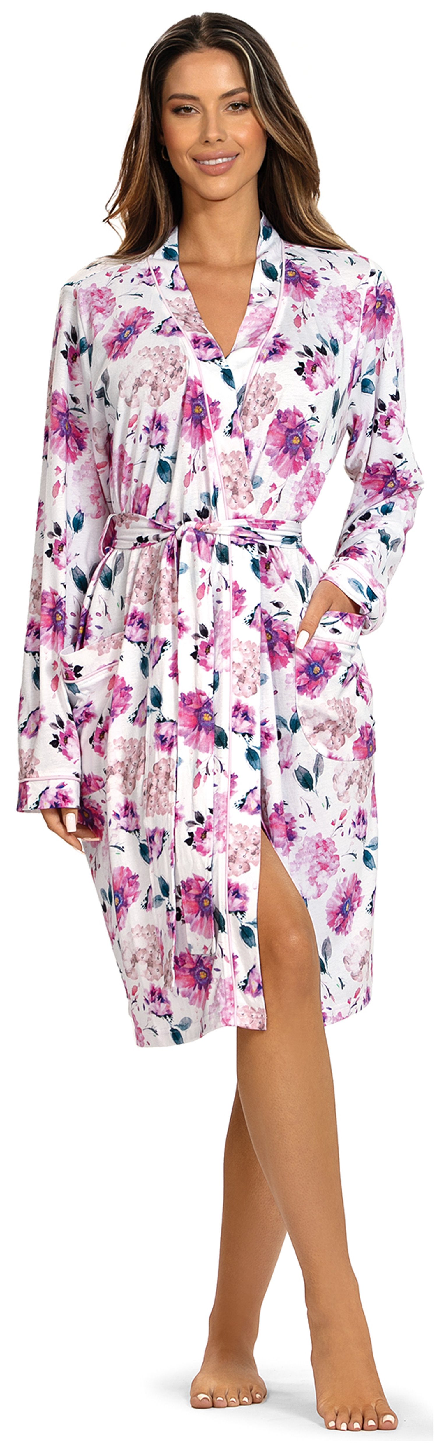 Ascafa Kimono Damen Morgenmantel Blumen, Midi, Baumwollmischung, Kimonokragen, Gürtel, Edles Design