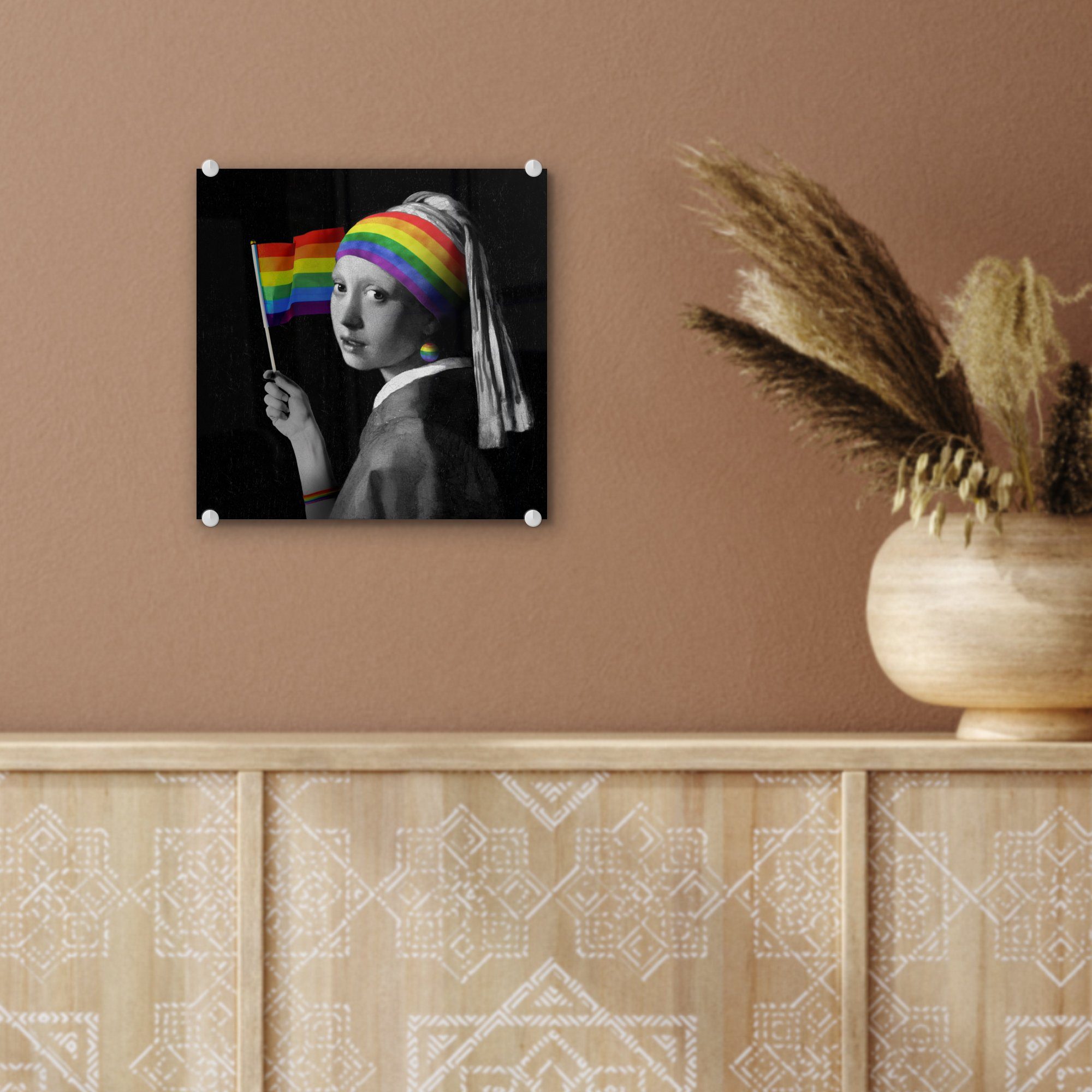 MuchoWow Acrylglasbild Das Perlenohrring Mädchen Glas St), (1 Flag Pride Glasbilder - - - - Regenbogen, dem mit auf Wanddekoration auf Bilder Foto Wandbild - Glas