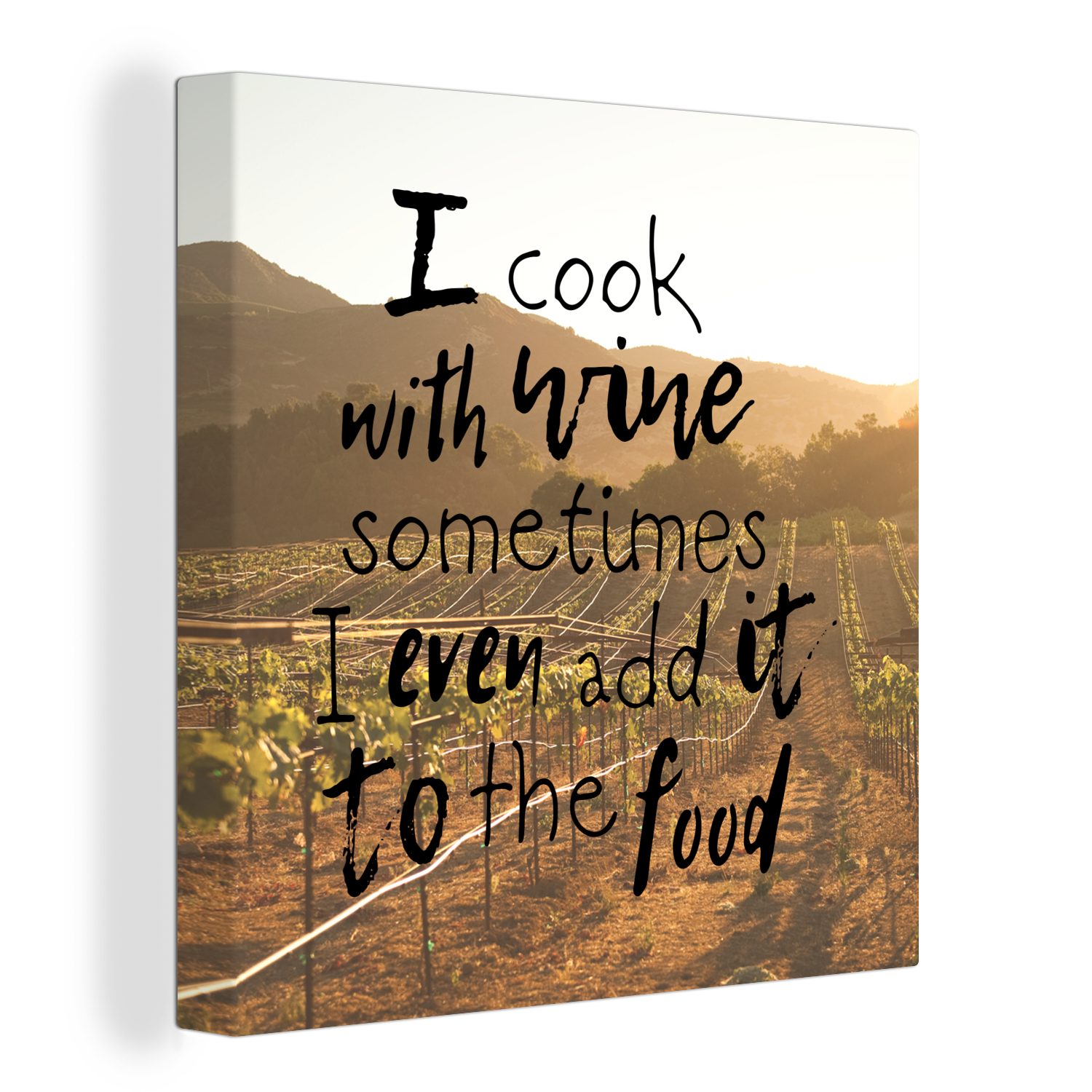 OneMillionCanvasses® Leinwandbild Zitat Wein 'Ich koche mit Wein. Manchmal füge ich ihn sogar zum Essen, (1 St), Leinwand Bilder für Wohnzimmer Schlafzimmer