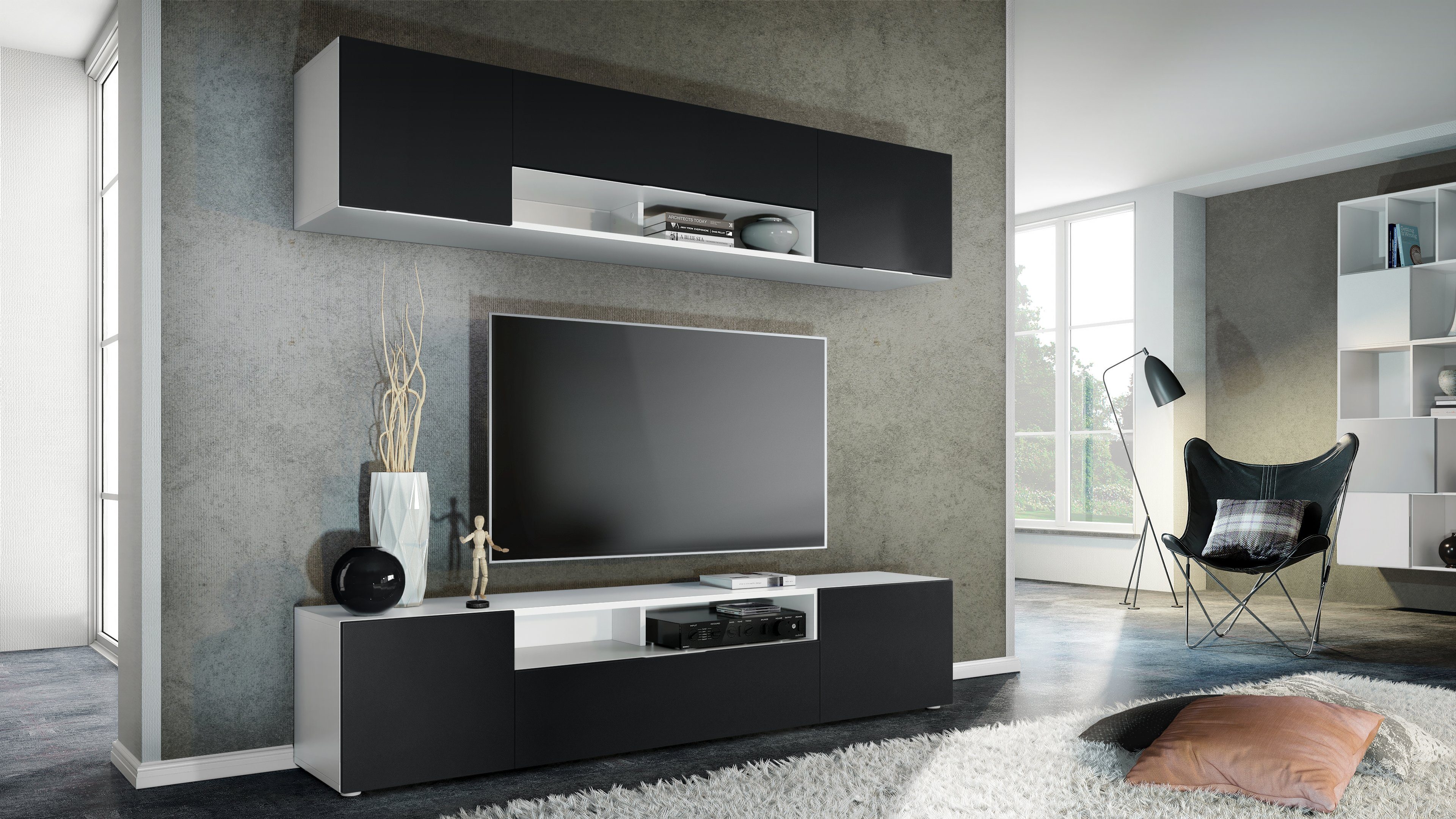 Vladon Wohnwand Mogan, (Anbauwand bestehend aus 2 TV-Boards, mit jeweils 2 Türen, 1 Klappe und 1 offenes Fach), Weiß matt/Schwarz matt 2x (181 x 39 x 35 cm)