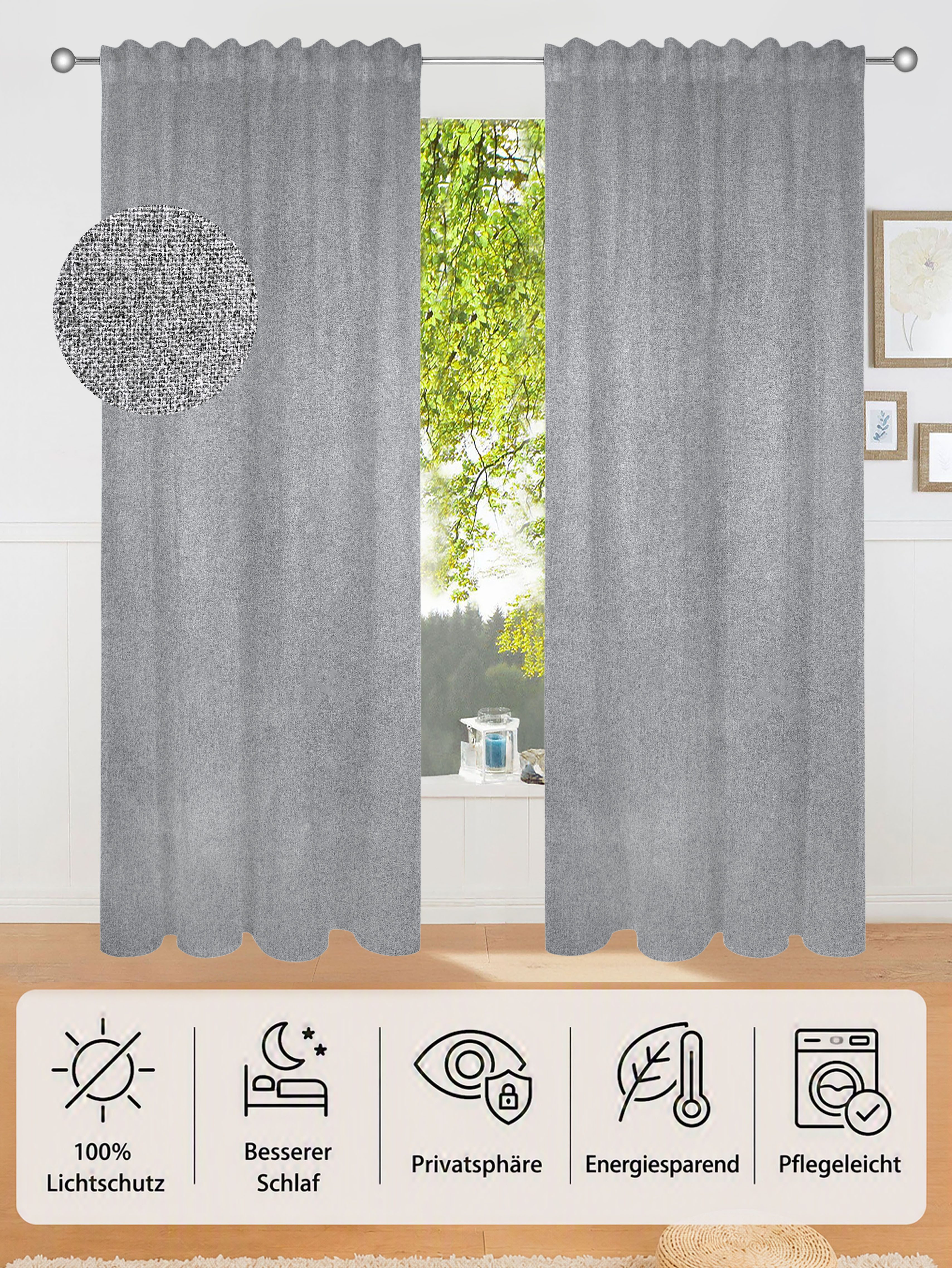 OTTO home Verdunkelungsvorhang Ronnel, 100% Lichtschutz (2 St), Multifunktionsband, verdunkelnd, Polyester, 2x einfarbig, Wohnzimmer, Schlaf/-Kinderzimmer, 100% verdunkelnd