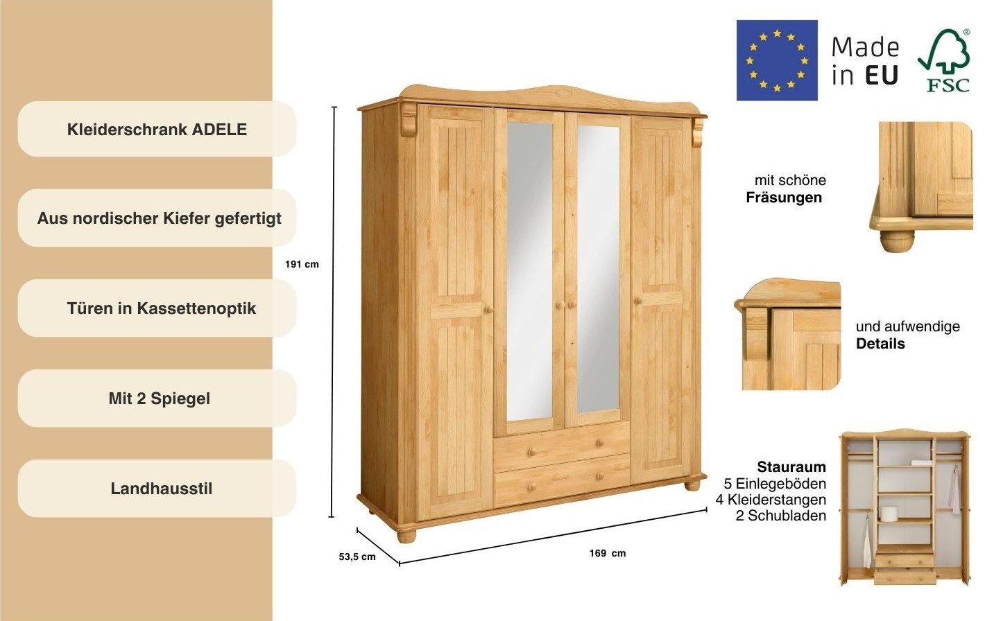 OTTO home Kleiderschrank Adele (Breite x Höhe x Tiefe ca: 169 cm x 191 cm x 53,5 cm) Massive Kiefer,Spiegel; Landhausstil