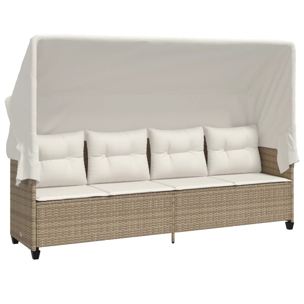 vidaXL Gartenliege Sonnenliege mit Dach und Kissen Beige Poly Rattan, 1 St.