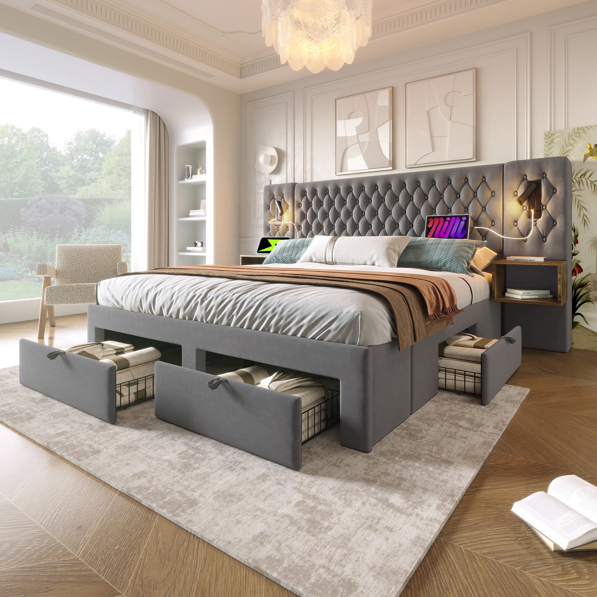 MODFU Polsterbett Vintage Doppelbett (Funktionsbett, 1-tlg., 180 ×200 cm, mit Matratze), mit 2 Nachttischen, 4 Schubladen, USB- & Type-C-Ladeanschluss