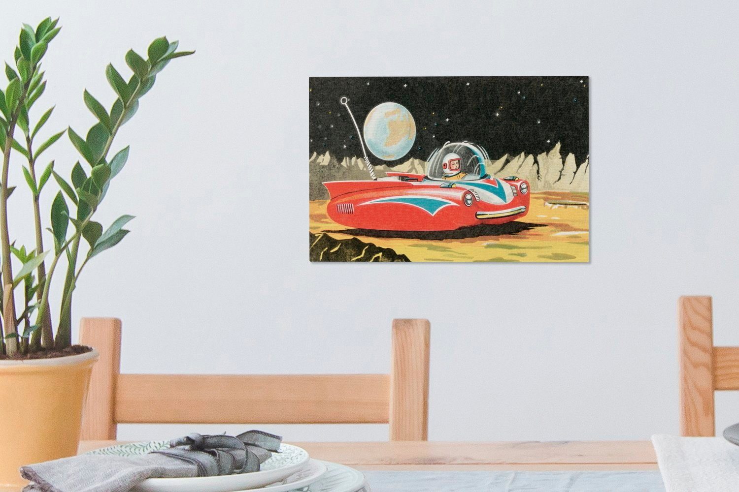 OneMillionCanvasses® Leinwandbild Eine Science-Fiction-Illustration eines St), Mannes 30x20 Mond, dem Aufhängefertig, cm Wandbild Wanddeko, (1 Leinwandbilder, auf