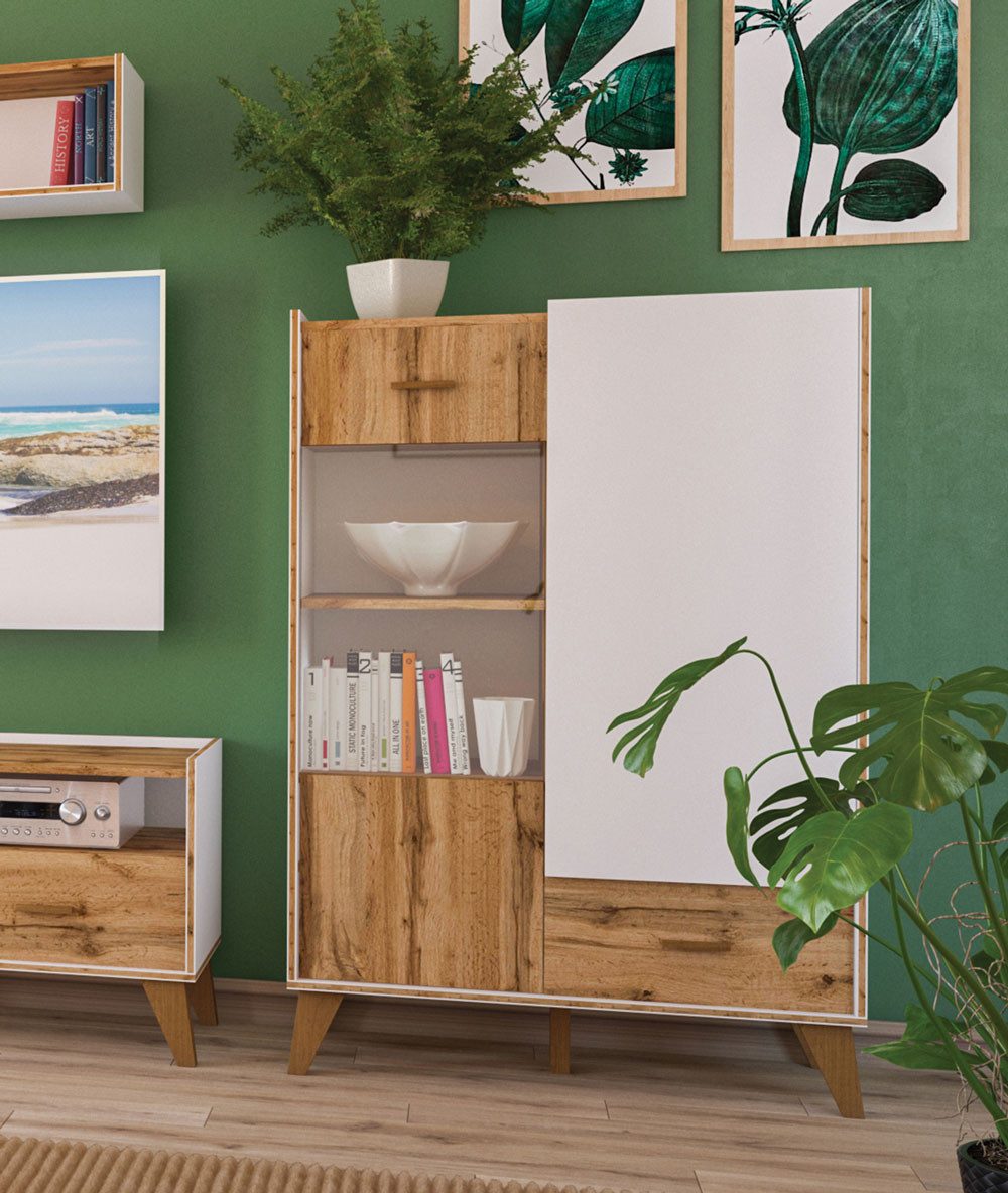 Feldmann-Wohnen Highboard Skandi (mit Türen, mit Einlegeböden, mit Glaseinsatz, 1 St., moderne Optik, mit Türen, mit Einlegeböden, mit Glaseinsatz), 81x40x132cm weiß / Eiche Wotan 2-türig