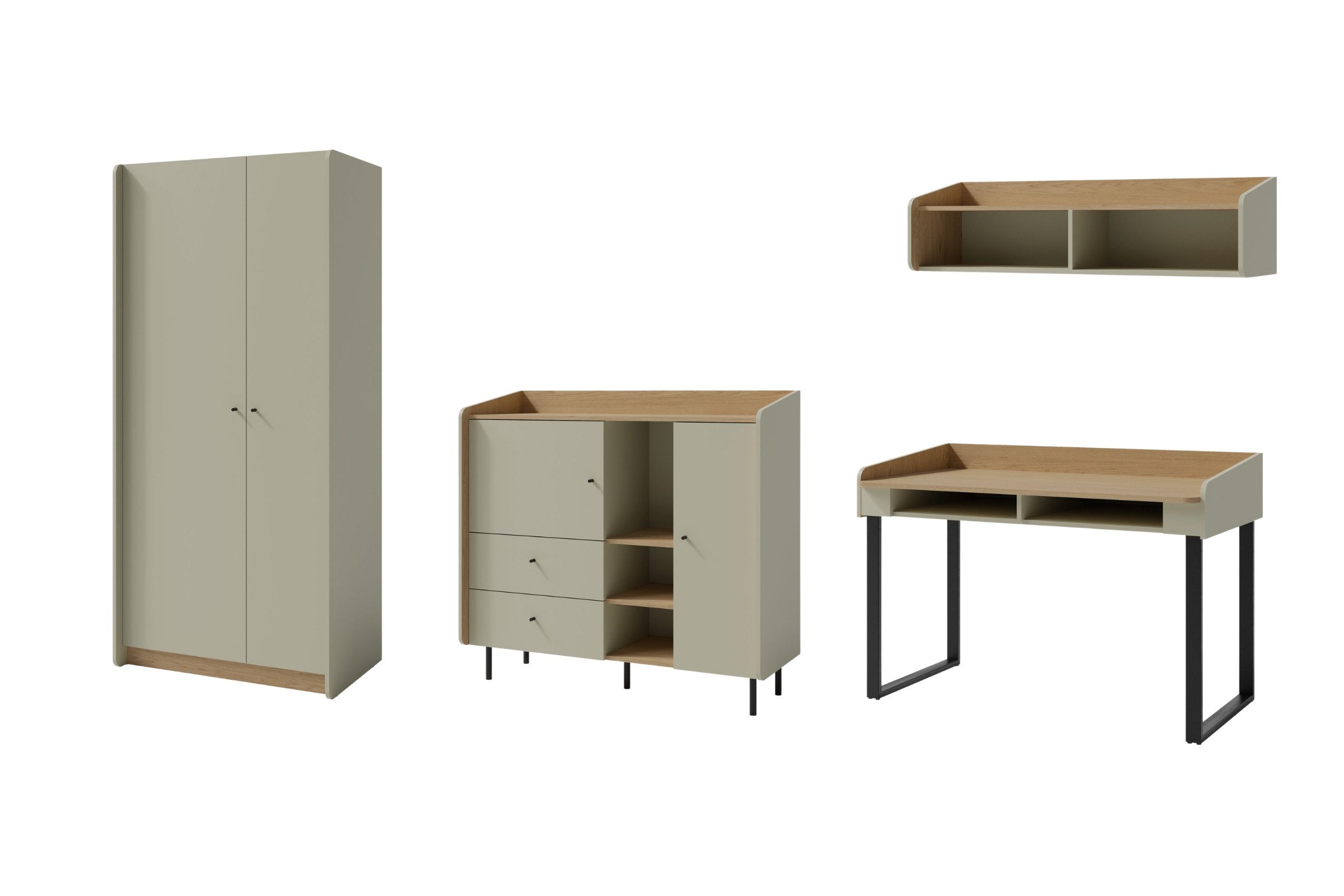 Deine Möbel 24 Jugendzimmer-Set ALBI B (3+10+11+8) Kinderzimmer-Set Kindermöbel, (Set, 4-tlg., Kleiderschrank, Schreibtisch, Hängeregal, Kommode Sideboard), ALBI Kollektion Sandbeige Eiche Eukalyptus