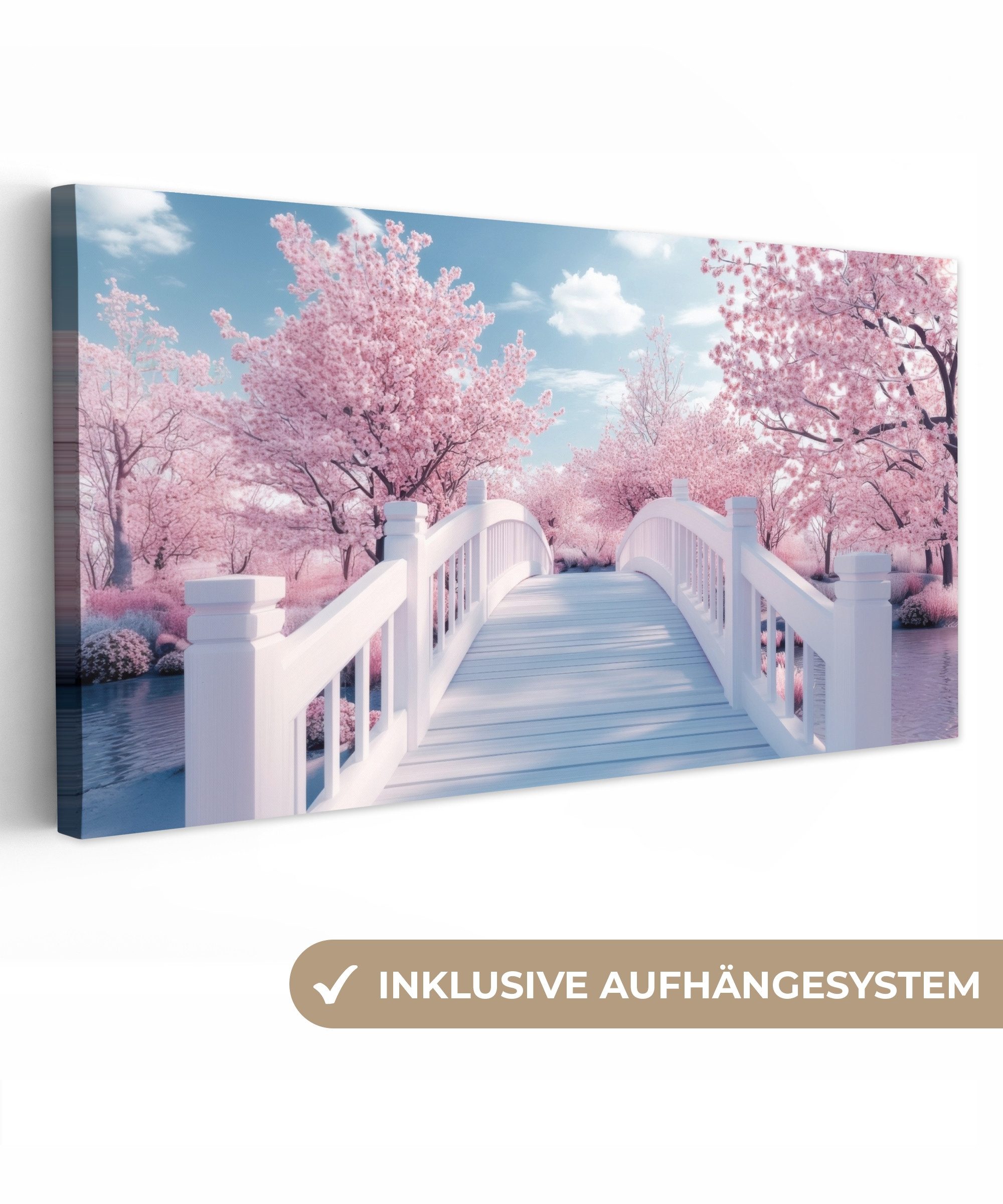 OneMillionCanvasses® Leinwandbild Panorama Brücke - Kirschbäume günstig online kaufen