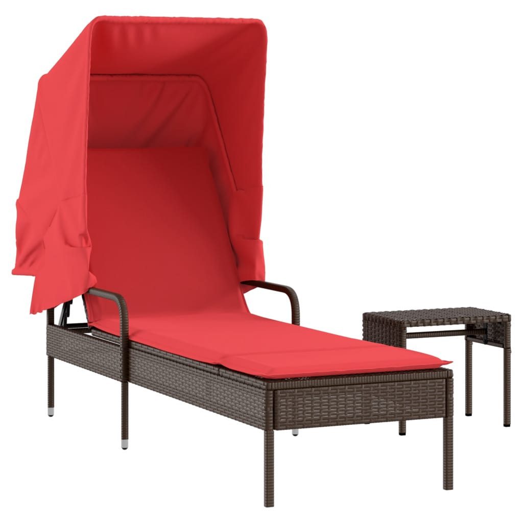 Gartenliege Sonnenliege mit Sonnendach und Tisch Braun Polyrattan