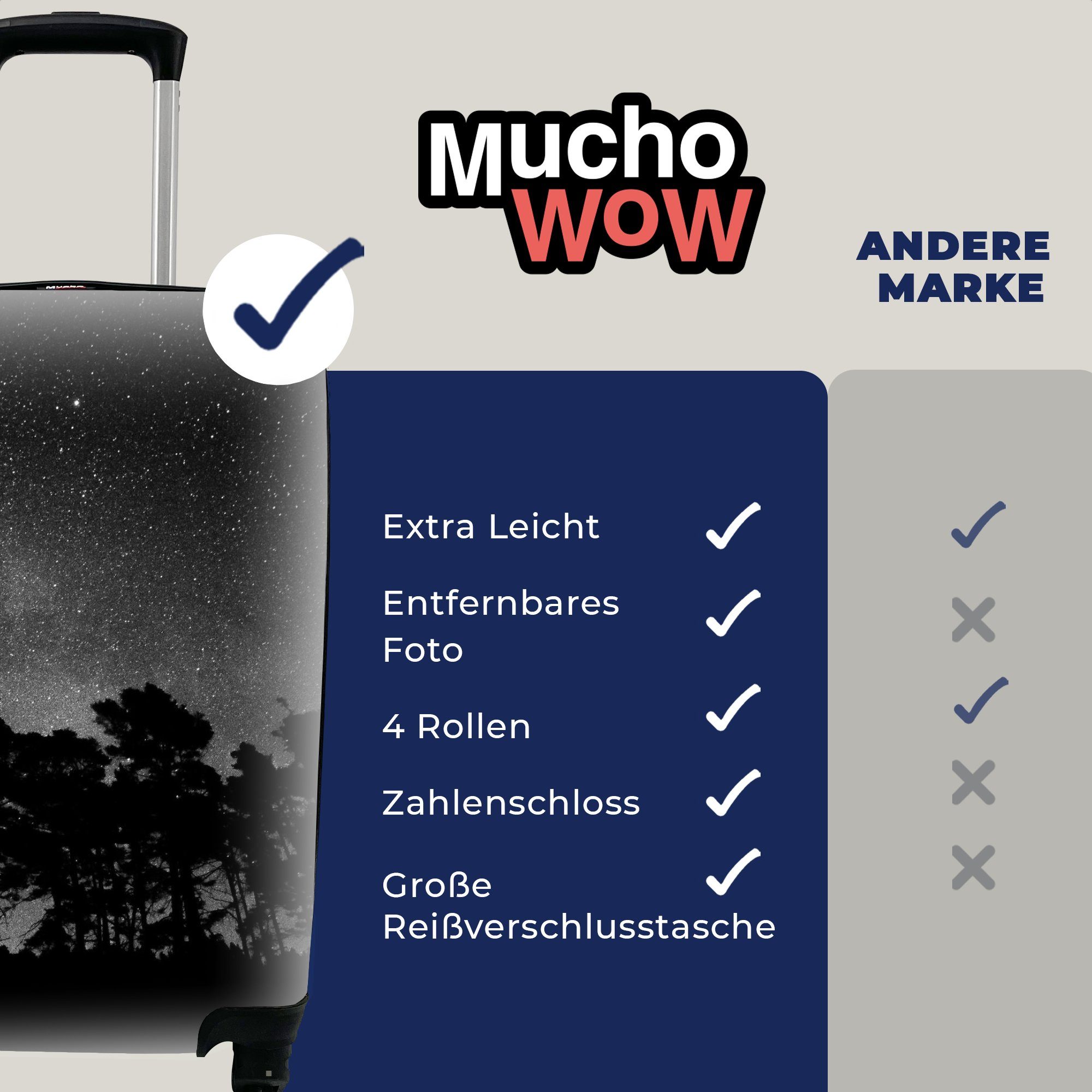 MuchoWow Handgepäckkoffer Sternenhimmel - für rollen, Reisetasche Reisekoffer Wald Schwarz - Bäume, Trolley, Ferien, 4 Handgepäck - Rollen, Himmel - mit