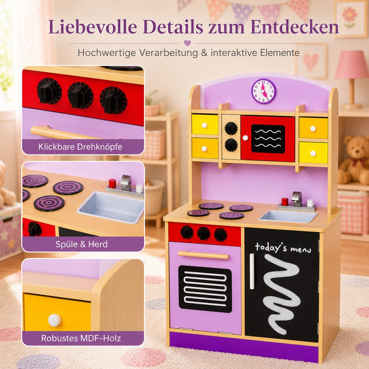 Best for Kids Spielküche Holzspielküche – Lila mit Ofen, Spüle & Herd Set für Kinder Holz, bewegliche Uhrzeiger, zusätzlicher Stauraum unter der Spüle