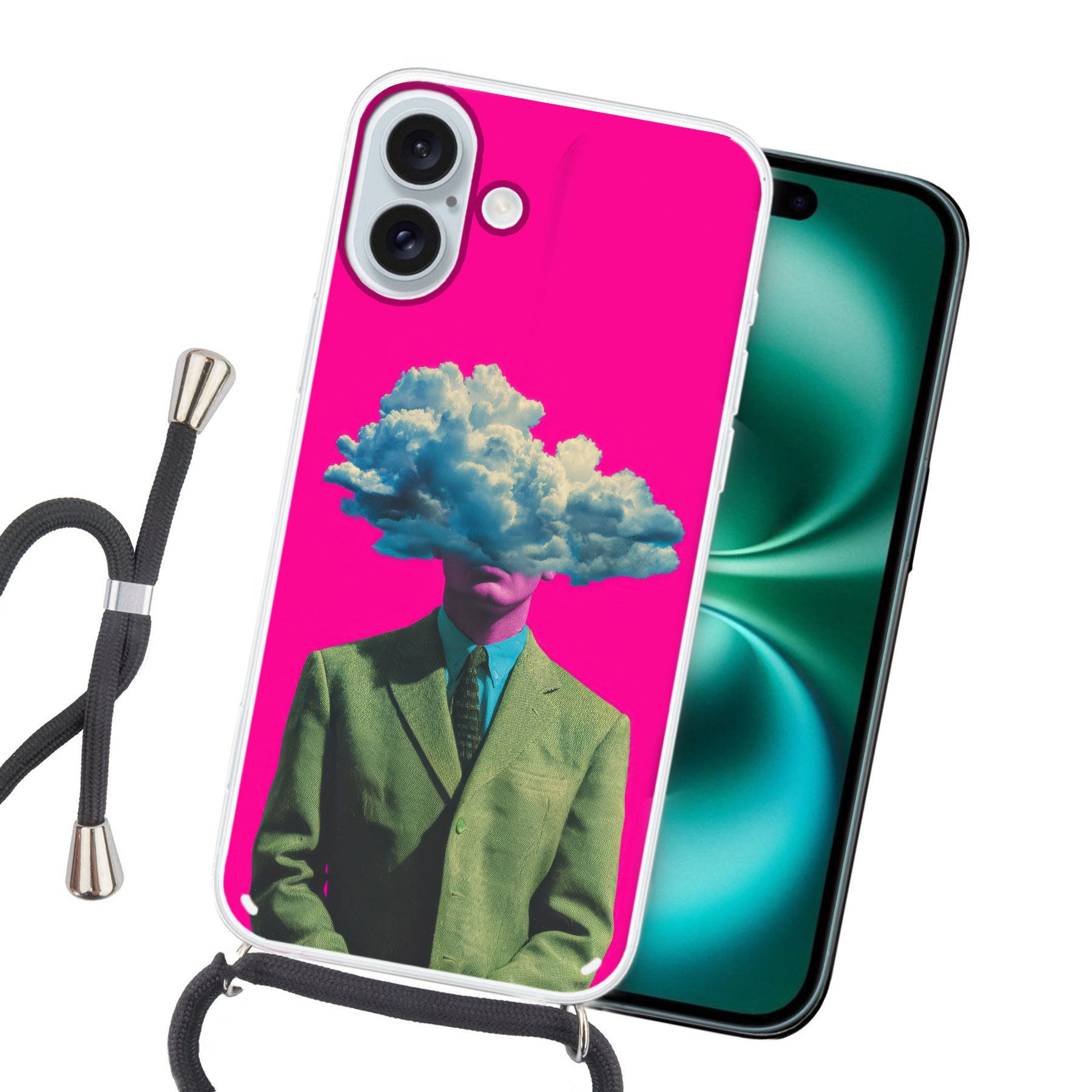 MuchoWow Handyhülle für Apple iPhone 16 Plus Mann - Anzug - Wolke - Rosa, Tragbare Handyhüllen mit Kette zum umhängen, Handykette Handyband