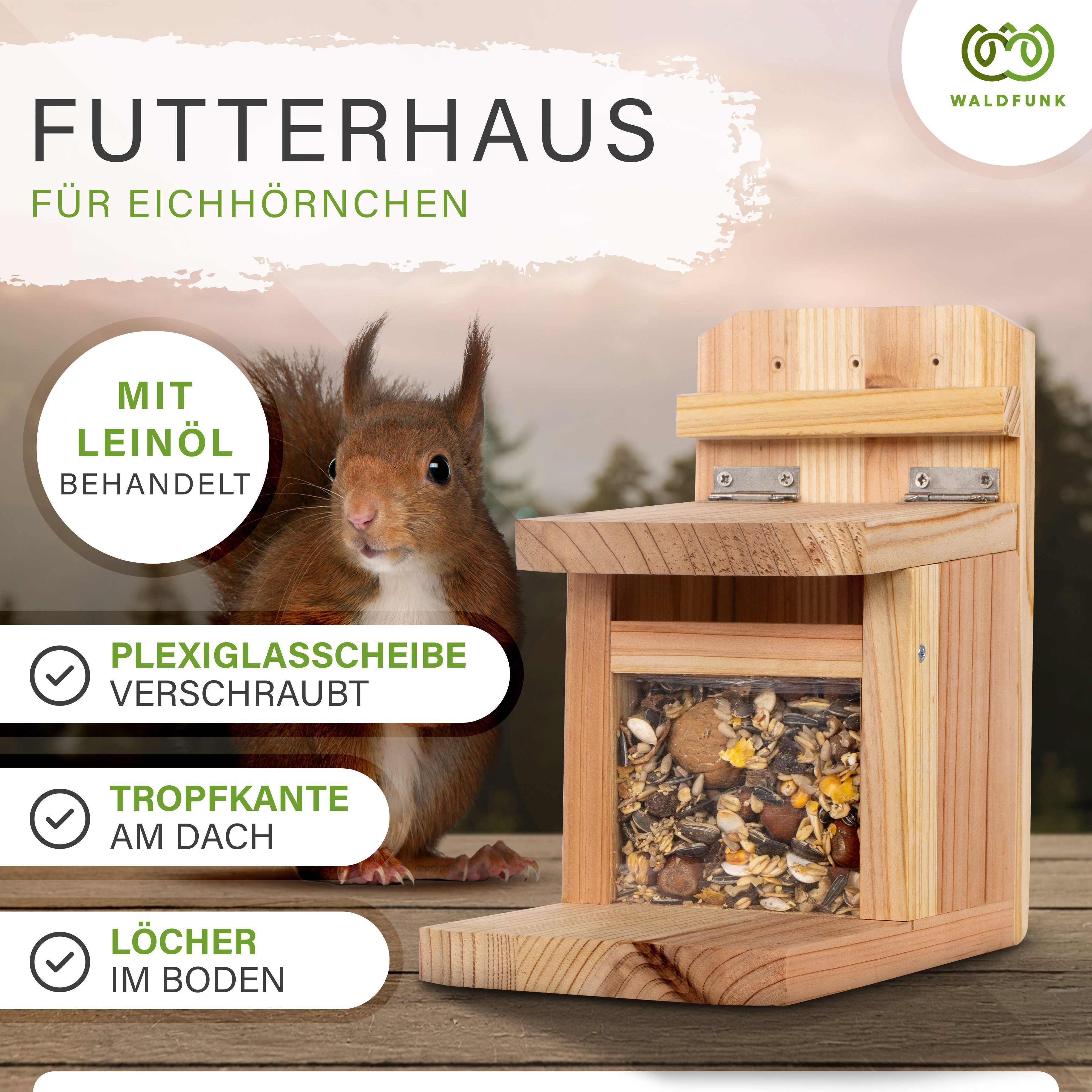 Waldfunk Futterstation Eichhörnchen Wetterfestes Futterhaus, Holz, 23 x 13 x 23 cm