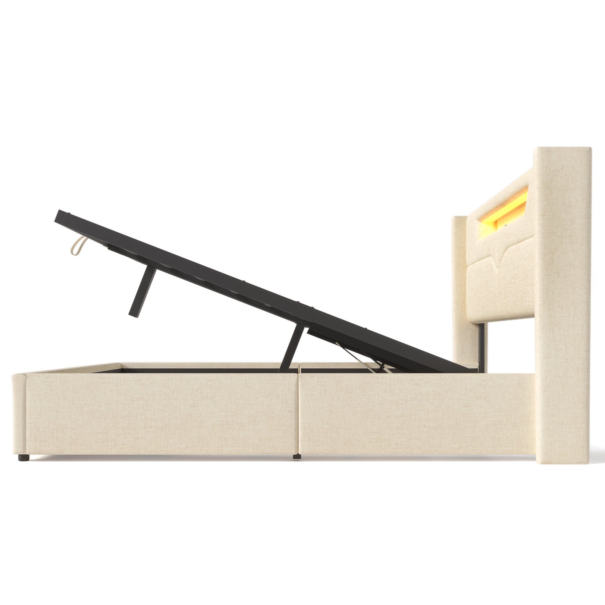 Polsterbett (Hydraulisches Bett mit Lattenrost und LED-Beleuchtung), Stauraumbett mit USB Typ C Ladefunktion Kopfteil, Leinen, 140x200cm
