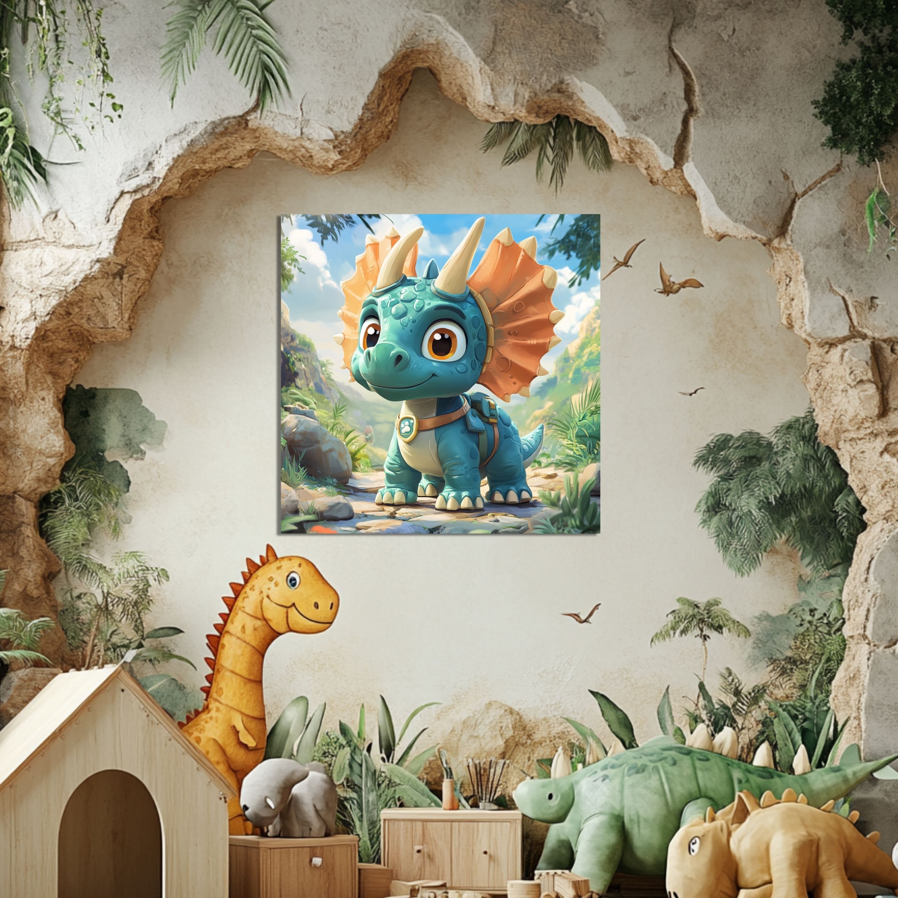 DARO Design Leinwandbild Modern Abstrakt Wandbilder XXL Wandbild Wand Deko Leinwand Bilder, (grüner-orangener Dino - Bild groß Wohnzimmer Schlafzimmer Küche Esszimmer Einteilig Querformat Fotodruck Leinwände Wanddeko Abstrakte Kunst Boho), 30x30cm
