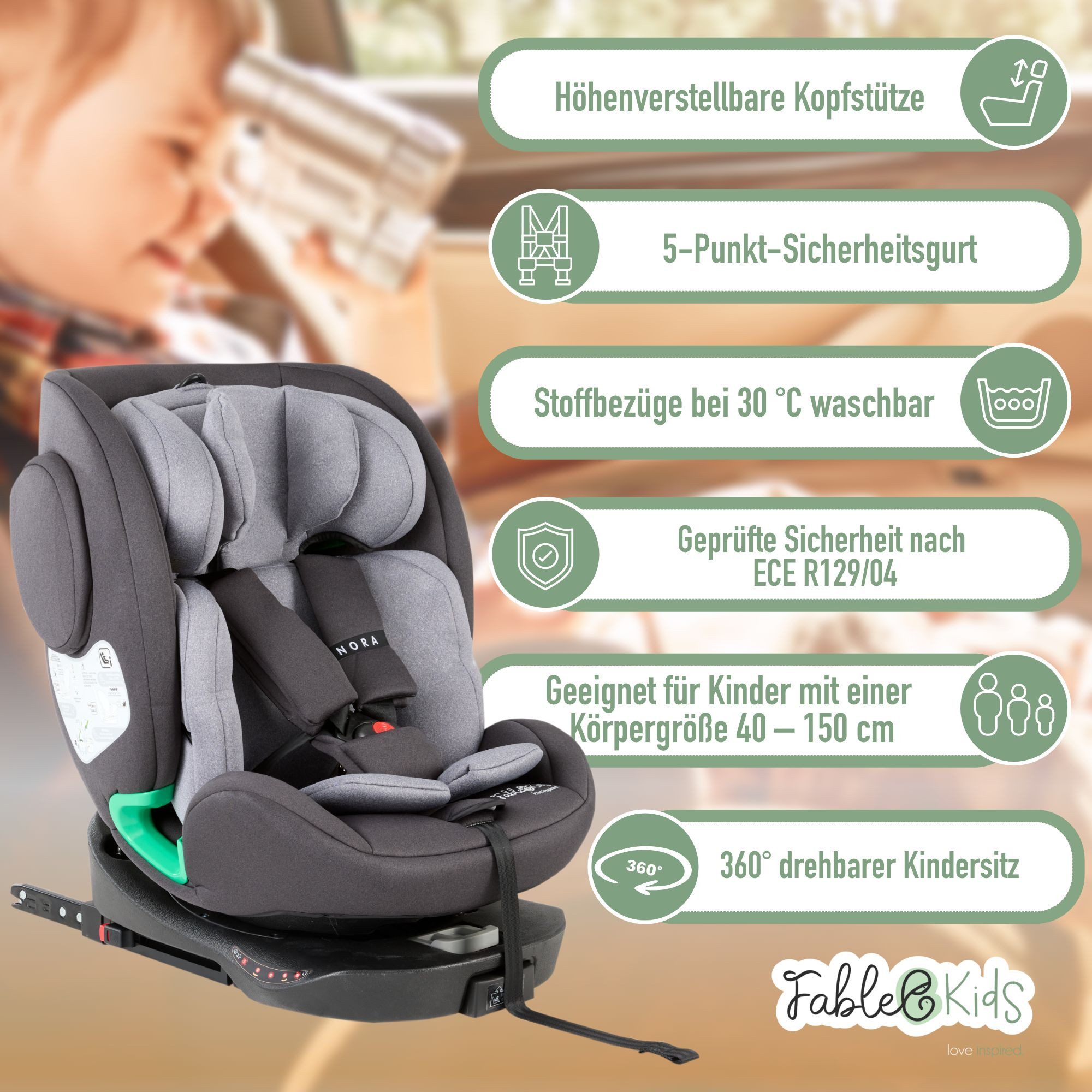 FableKids Autokindersitz Autositz Kinderautositz 360° drehbar Isofix 40-150 cm, ab: Geburt, bis: ca. 12 Jahre, ab: 40 cm, bis: 150 cm