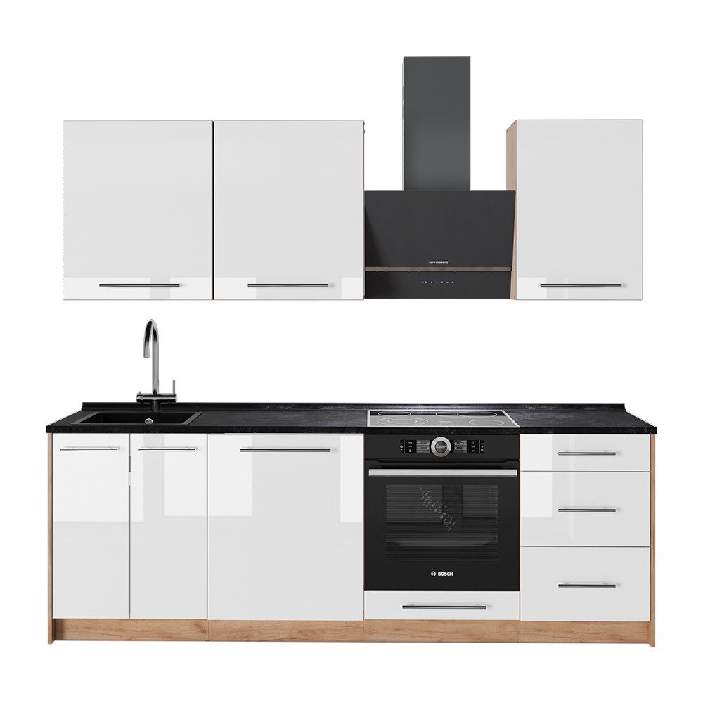 Vicco Küchenzeile Fame-Line, Weiß Hochglanz/Goldkraft Eiche, 230 cm ohne Arbeitsplatte