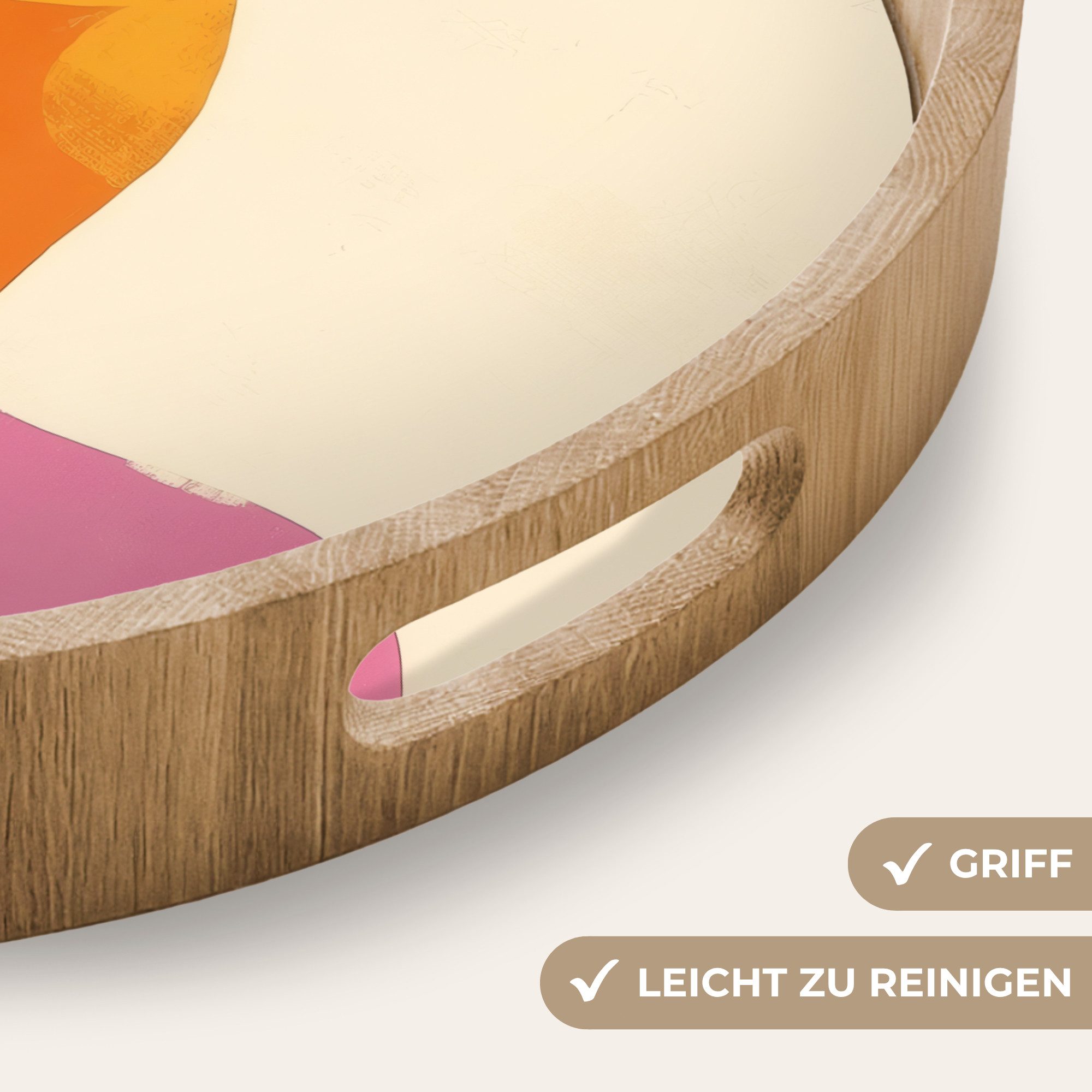 OnlyWow Tablett Rund mit Henkel Formen - Abstrakt - Farbenfroh, Eichenholz, (1-tlg), Siervierplatte, Tray, Frühstücksbrett