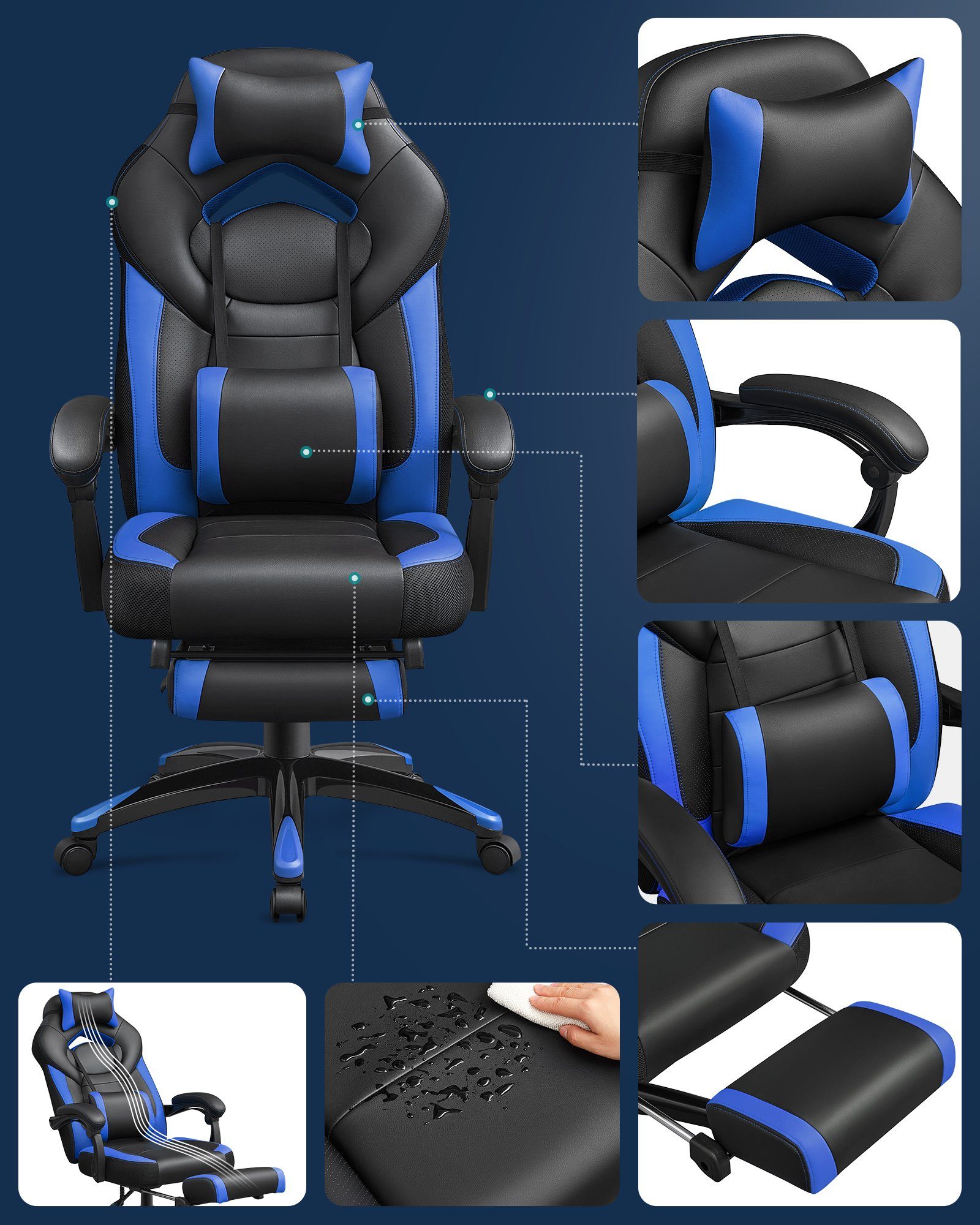 blau höhenverstellbar, Bürostuhl, SONGMICS Home-Office Gaming-Stuhl,