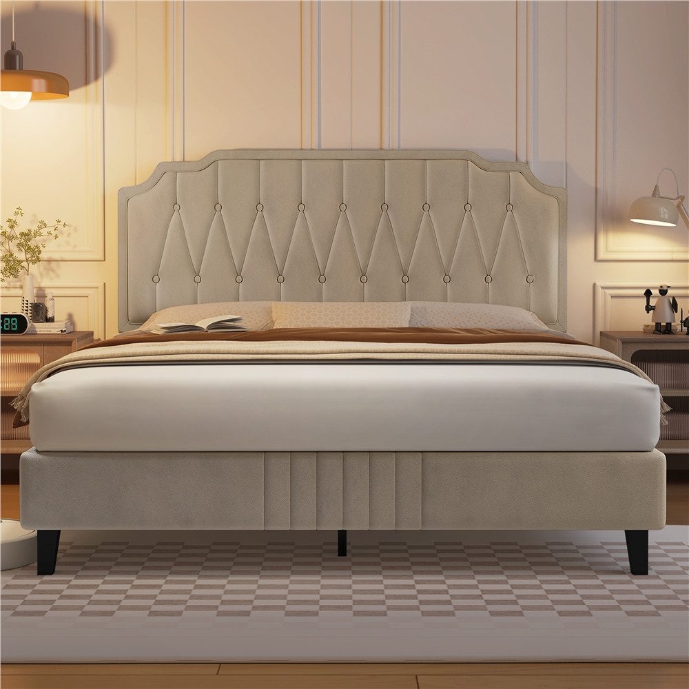 Yaheetech Polsterbett Bettgestell, Doppelbett 140 × 200 cm mit höhenverstellbarem Kopfteil, Beige