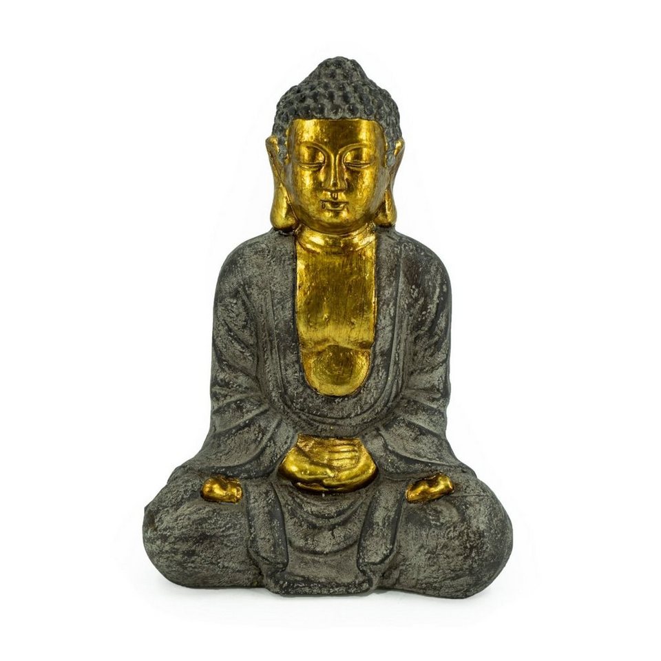 Rivanto Buddhafigur (1 St), Sitzende Buddha Statue, Steinoptik Deko Figur  mit goldener Haut