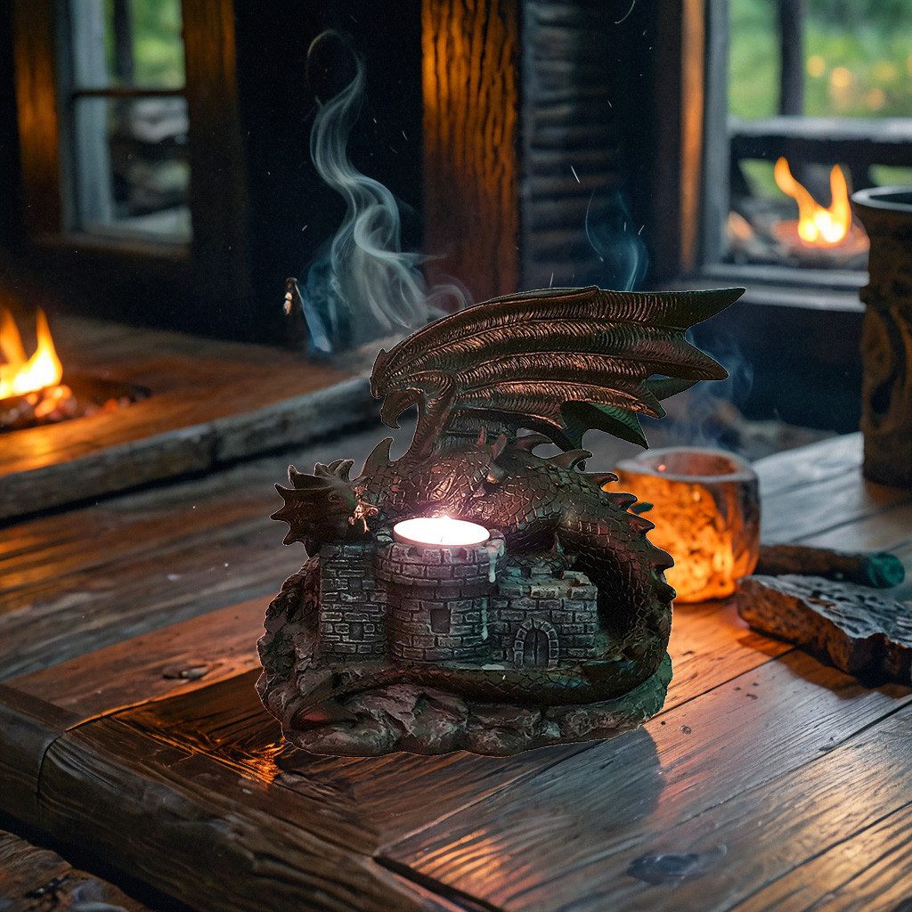 Kremers Schatzkiste Teelichthalter XXL Drache Burg Drachenwächter 19 cm Figur Gothic Deko Teelicht