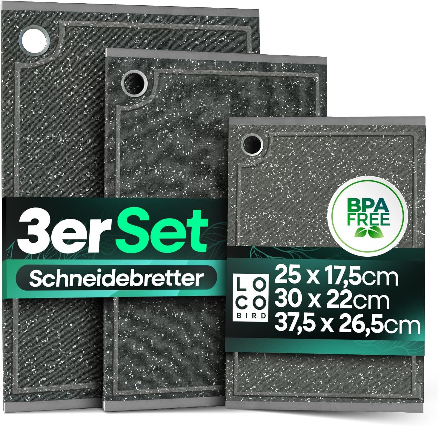 Loco Bird Schneidebrett Kunststoff spülmaschinenfest 3er Set - 37,5x26cm / 30x22cm / 25x17,5cm, Kunststoff, (rutschfeste Schneidebretter), messerschonender Küchenbrett