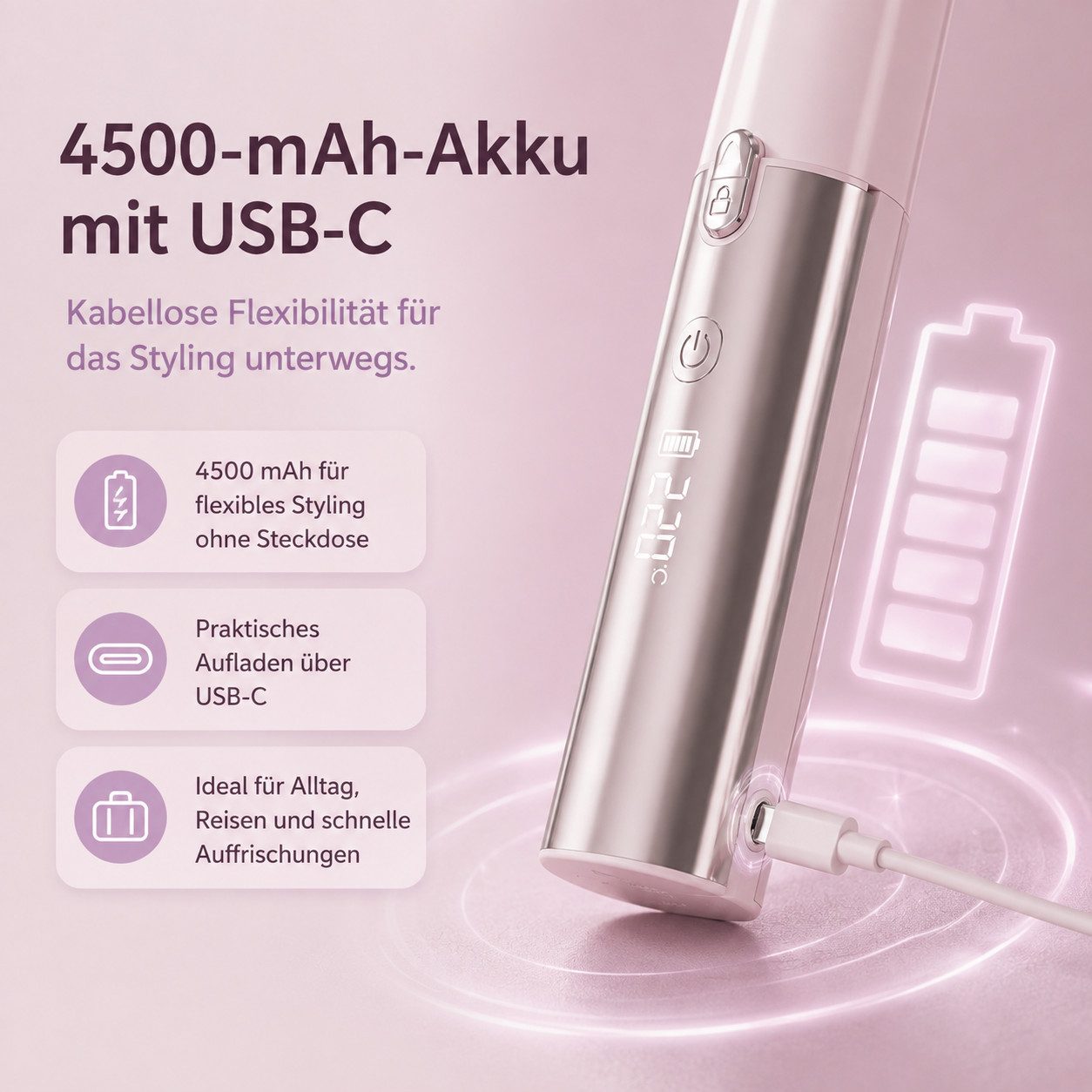 ibettertec Mini-Reiseglätteisen Kabelloser Haarglätter 2-in-1 - Glätteisen & Lockenstab, 3000mAh, Mini Tragbarer Reise Haarglätter,Akku, 3 Temperaturstufen und  – Bild 5 von 5