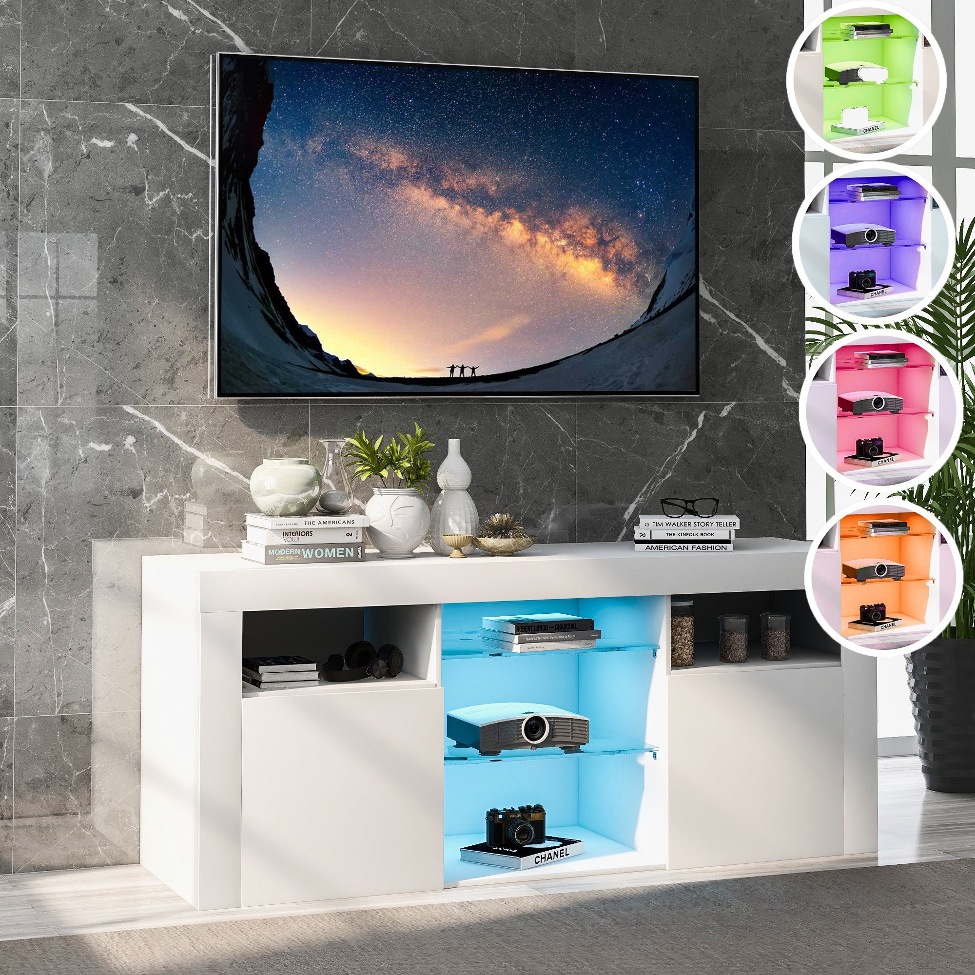Fangqi Lowboard LED-TV-Ständer 120 cm Schranktisch, mit  16-Farben-LED-RGB-Leuchten (TV-Board,TV Schrank Fernsehtisch  Fernsehschrank, Moderne TV-Einheit), Aufbewahrung (5 großen offenen Regalen  und 2 Schränken mit Türen), Fernbedienung, 4 Blitzeffekten