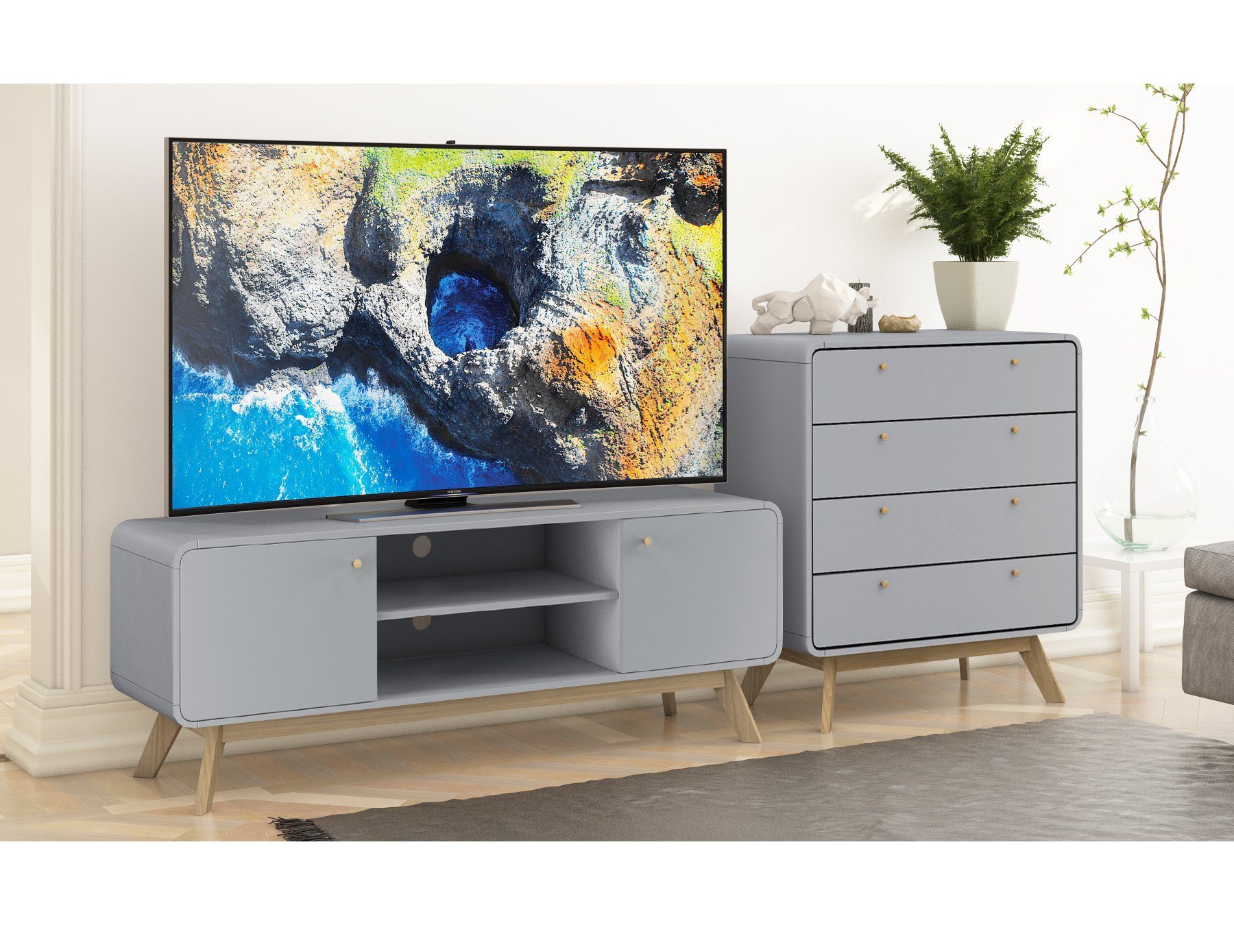 loft24 Lowboard TV-Schrank 2 cm, Caitlin, Türen grau/grau Breite Fernsehschrank, 140