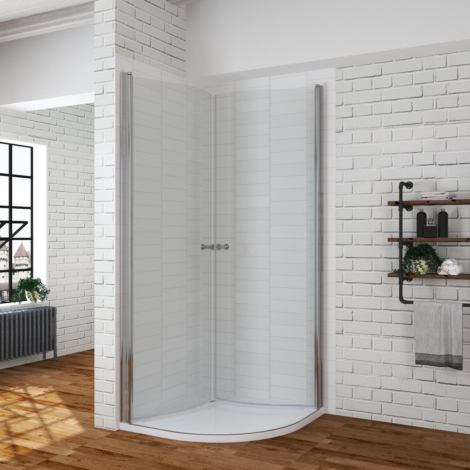 AQUABATOS Eckdusche Duschkabine Viertelkreis Runddusche ohne Duschtasse Duschabtrennung, BxT: 90x90 cm, 6 mm Einscheibensicherheitsglas Klarglas, ebenerdiger Einbau möglich, Montage auf Duschwanne, Rund Dusche mit Pendeltür, Nano,rahmenlos,Spritzschutz,Hebe-Senk-Mechanismus,barrierefrei