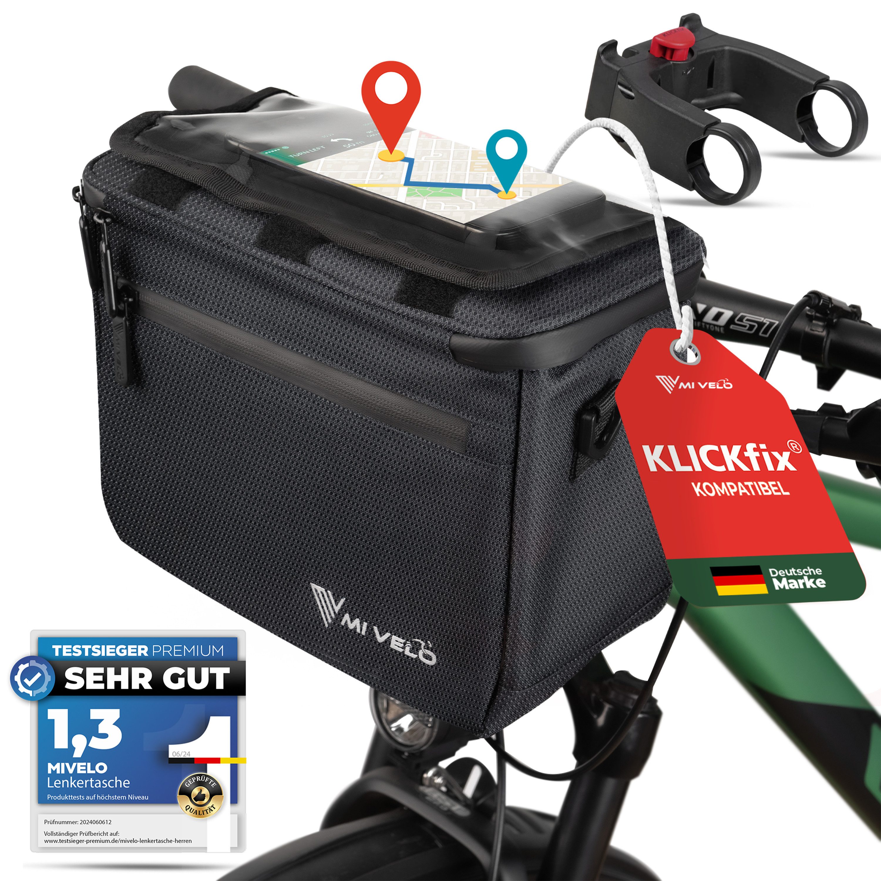 Lenkertasche Fahrradtasche Lenker für KLICKfix, Fahrrad Tasche inkl. Handyfach