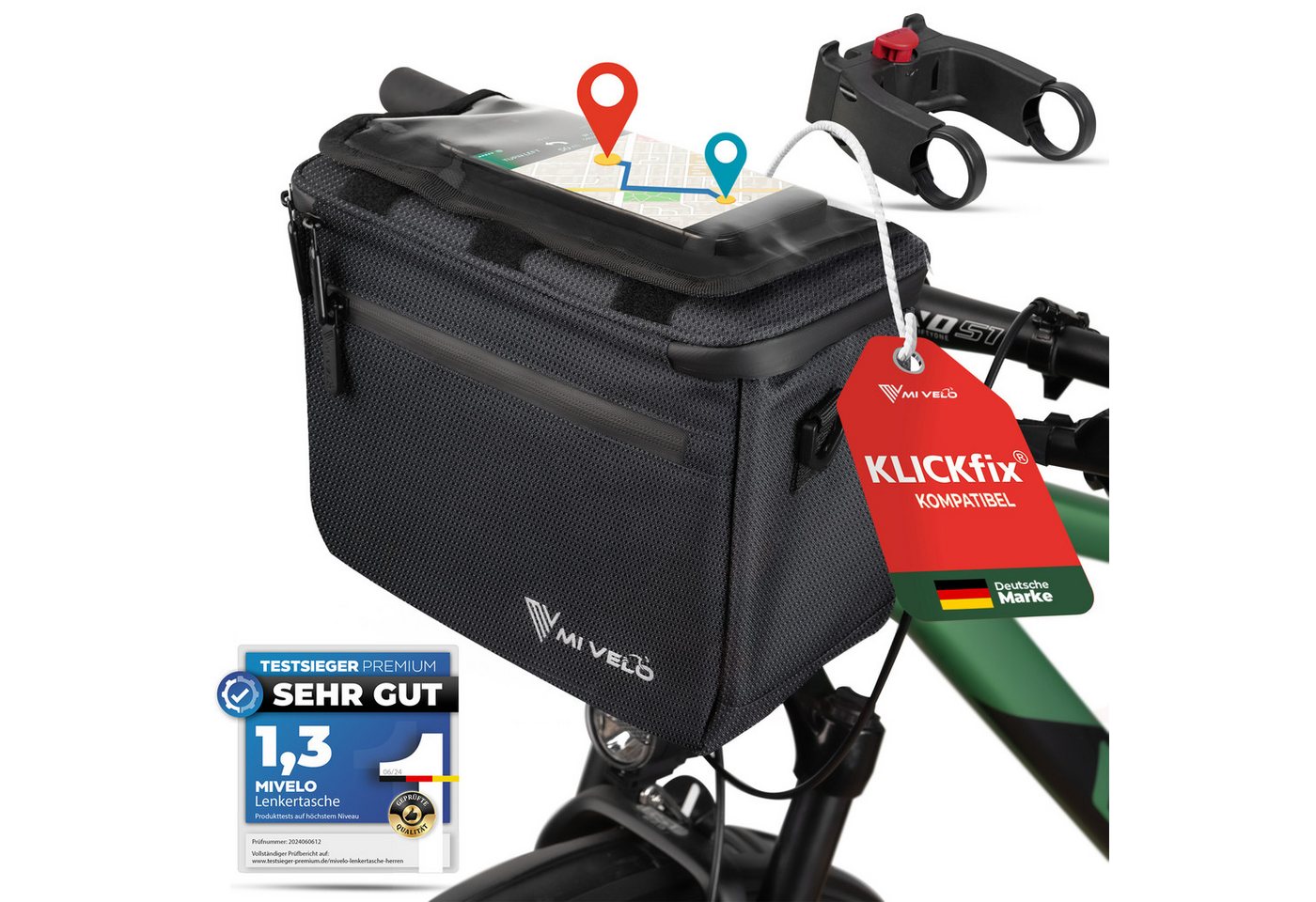 MIVELO Lenkertasche Fahrradtasche Lenker für KLICKfix, Fahrrad Tasche inkl. Handyfach, KLICKfix kompatibel