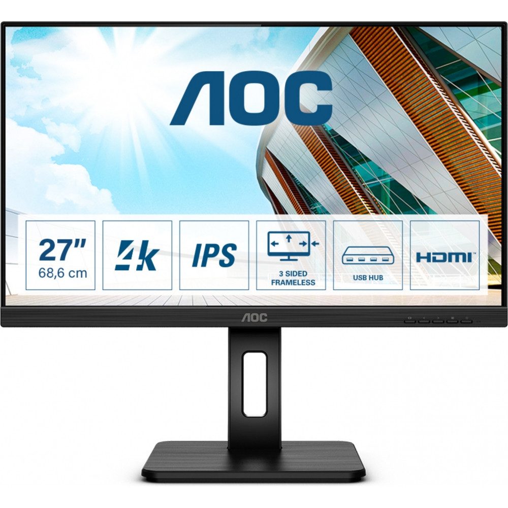 AOC AOC U27P2 27" 4K UHD Monitor für Büroanwendungen. TFT-Monitor (1920 x 1080 px, Full HD, 1.5 ms Reaktionszeit, LCD, Wasserfest und stoßfest)