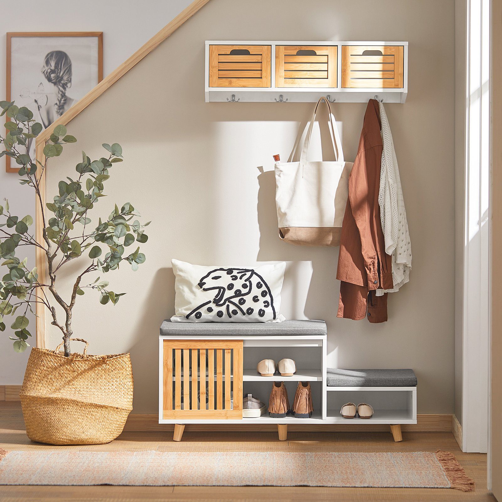 SoBuy Schuhbank mit 2 Sitzflächen und 1 Schiebetür MDF Bambus Weiß FSR125-W günstig online kaufen