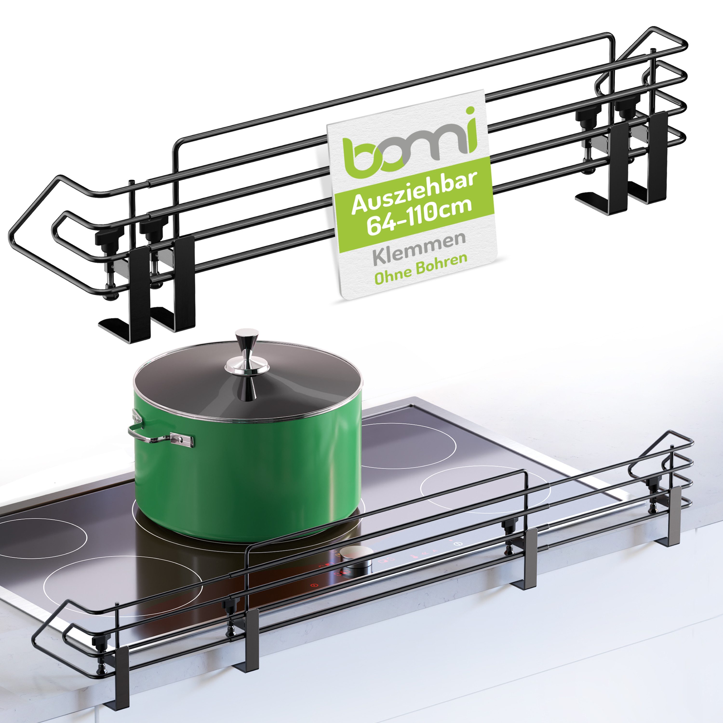 BOMI Охранник печки Herdsicherung Mowi 64-110 cm zum Klemmen, Herd Gitter Schutz Ohne Bohren - Spülmaschinenfest - Rostfrei