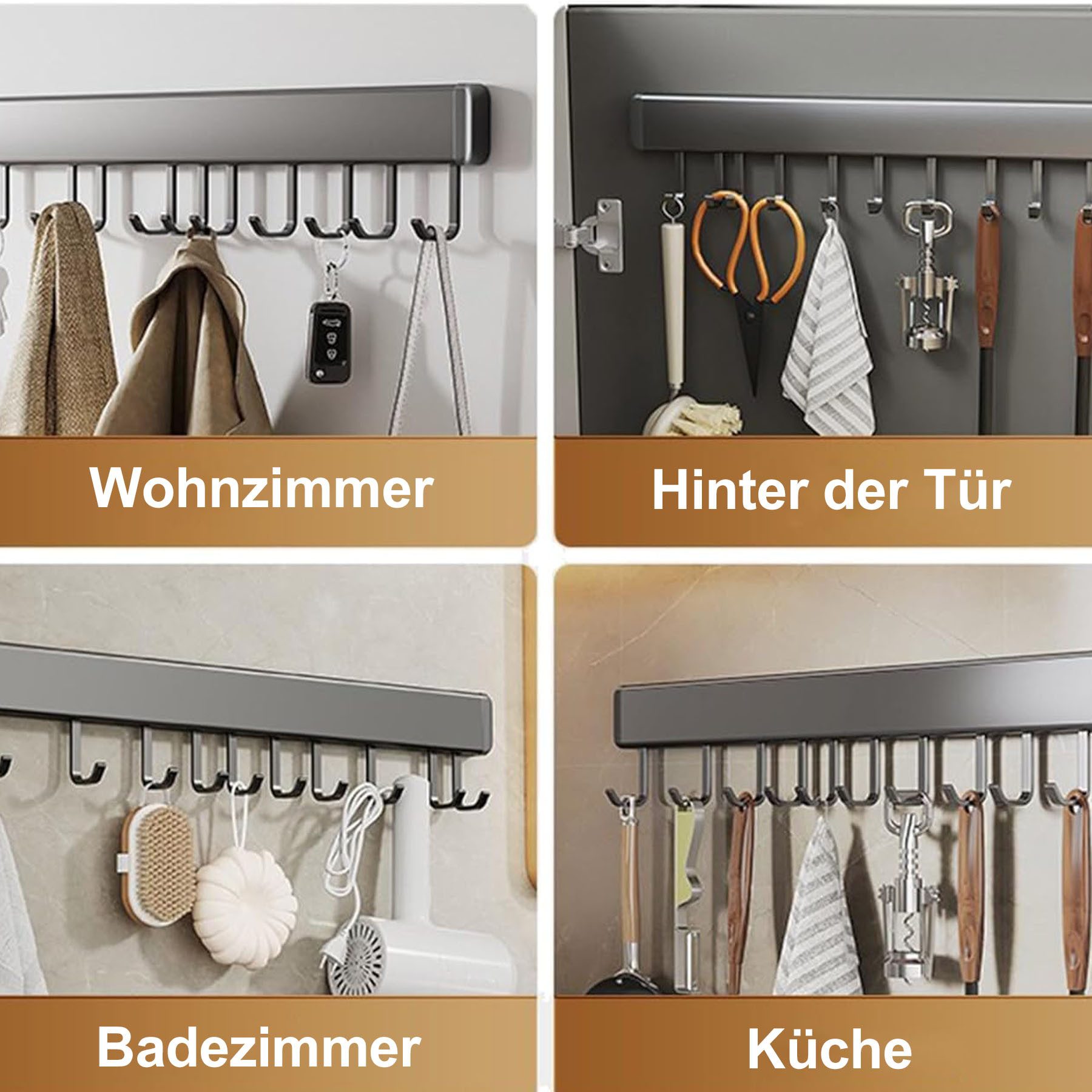 Keyura Hakenleiste Garderobenleiste 30/40/50cm,Küche Hängeleiste, 6/8/10 bewegliche Haken, (Küchenhalterung ohne bohren, Bohrfreie oder gebohrte Montage möglich, Haken aus Raumfahrt-Aluminium für Schlafzimmer Bad Küche-Silbergrau)