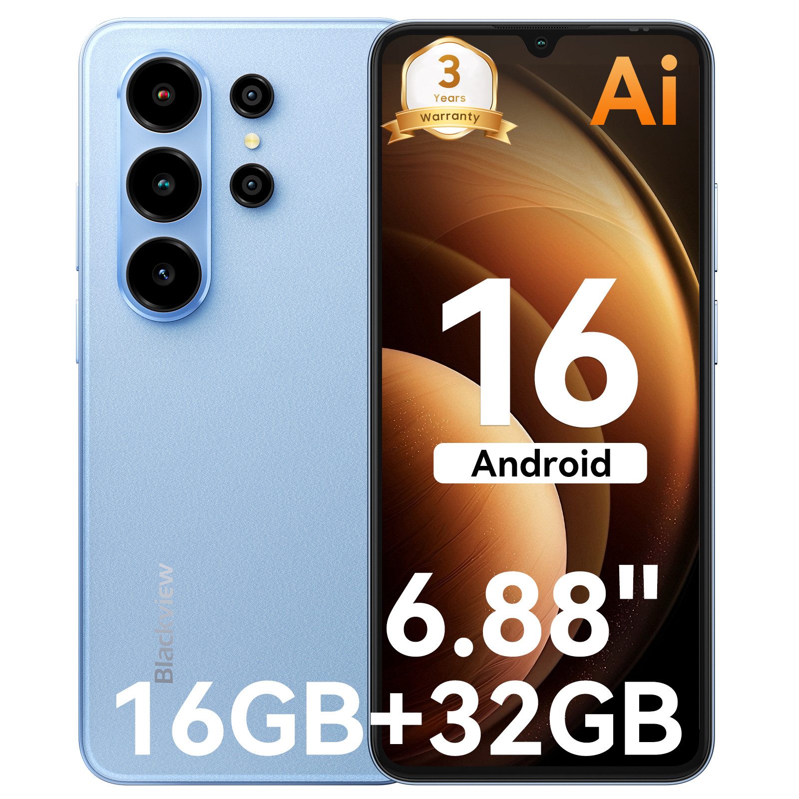 blackview Blackview Android 16 6,88'' 5000mAh 32MP 6GB+128GB Dual SIM Smartphone (6.88 Zoll, 32 GB Speicherplatz, 32 MP Kamera, Fingerabdruck, Dual SIM 4G, Android 16)