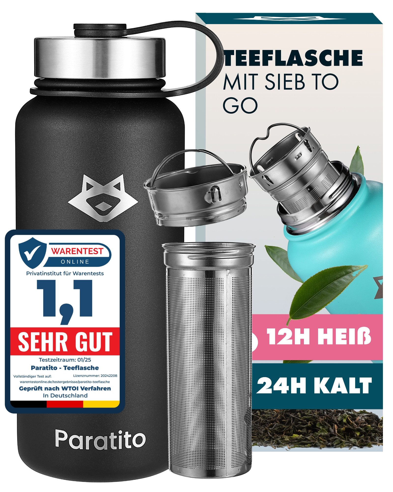 Isolierflasche Paratito® Thermosflasche mit Teesieb - Teeflasche mit Sieb To Go 1L