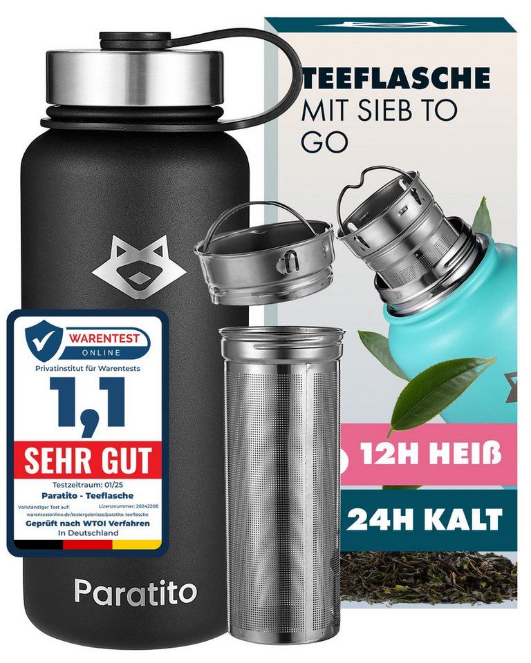 Paratito Isolierflasche Thermosflasche mit Teesieb - Teeflasche mit Sieb To Go, 1 l, BPA-frei, Edelstahl, Liter, Teesieb