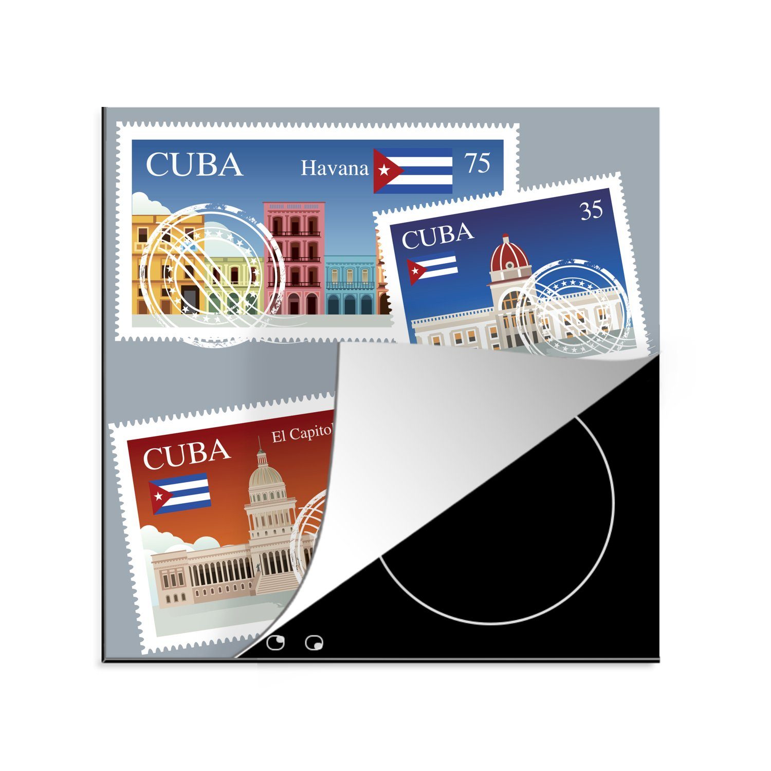 MuchoWow Herdblende-/Abdeckplatte Eine Illustration von vier kubanischen Briefmarken, Vinyl, (1 tlg), 78x78 cm, Ceranfeldabdeckung, Arbeitsplatte für küche