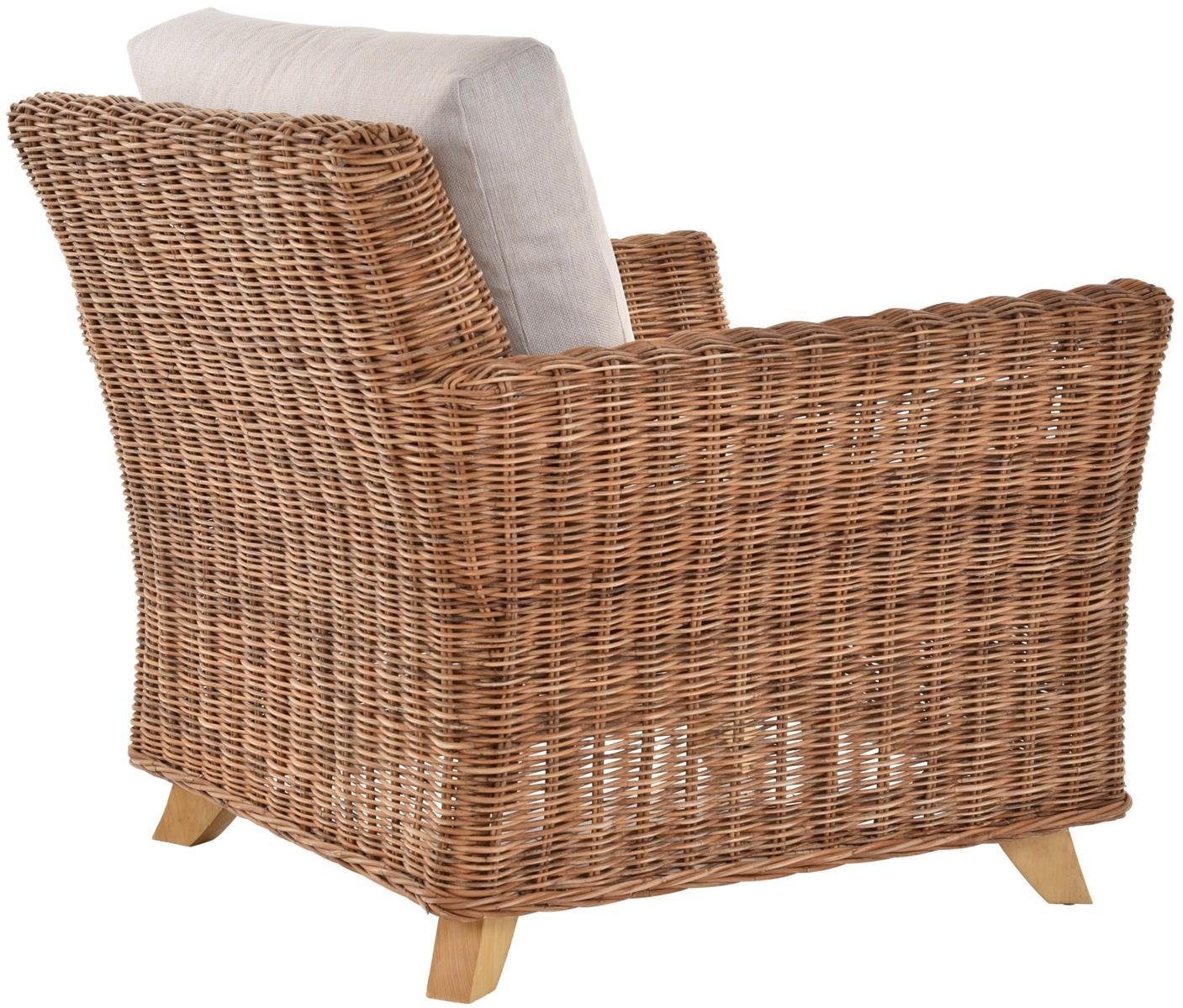 Krines Home Loungesessel Wintergarten Sessel Valencia Natur Rattan Wohnzimmer Rattansessel, Breite Armlehnen