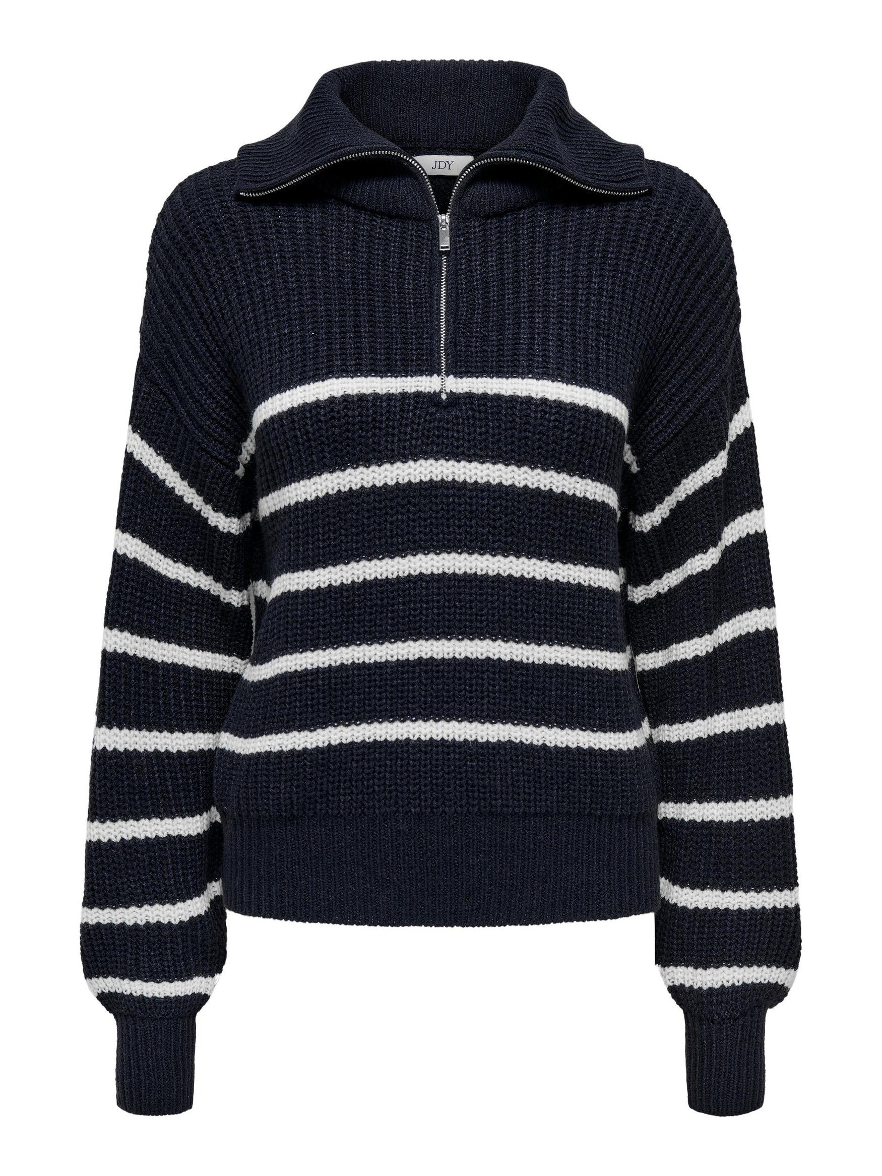 JACQUELINE de YONG Strickpullover Grobstrick Pullover Gestreifter Splitneck Sweater JDYJUSTY 6177 in Blau