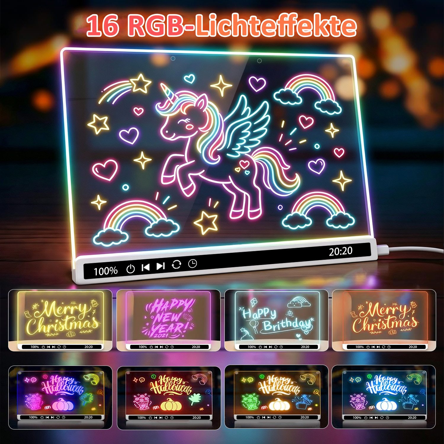 JoJoego Zaubertafel LED-Zeichenbrett mit 16 RGB-Lichteffekten wiederaufladbar 35×25 cm, (Acryl Maltafel abwischbar mit Timer und Ständer, 2800mAh Akku), kreativ – Bild 3 von 5